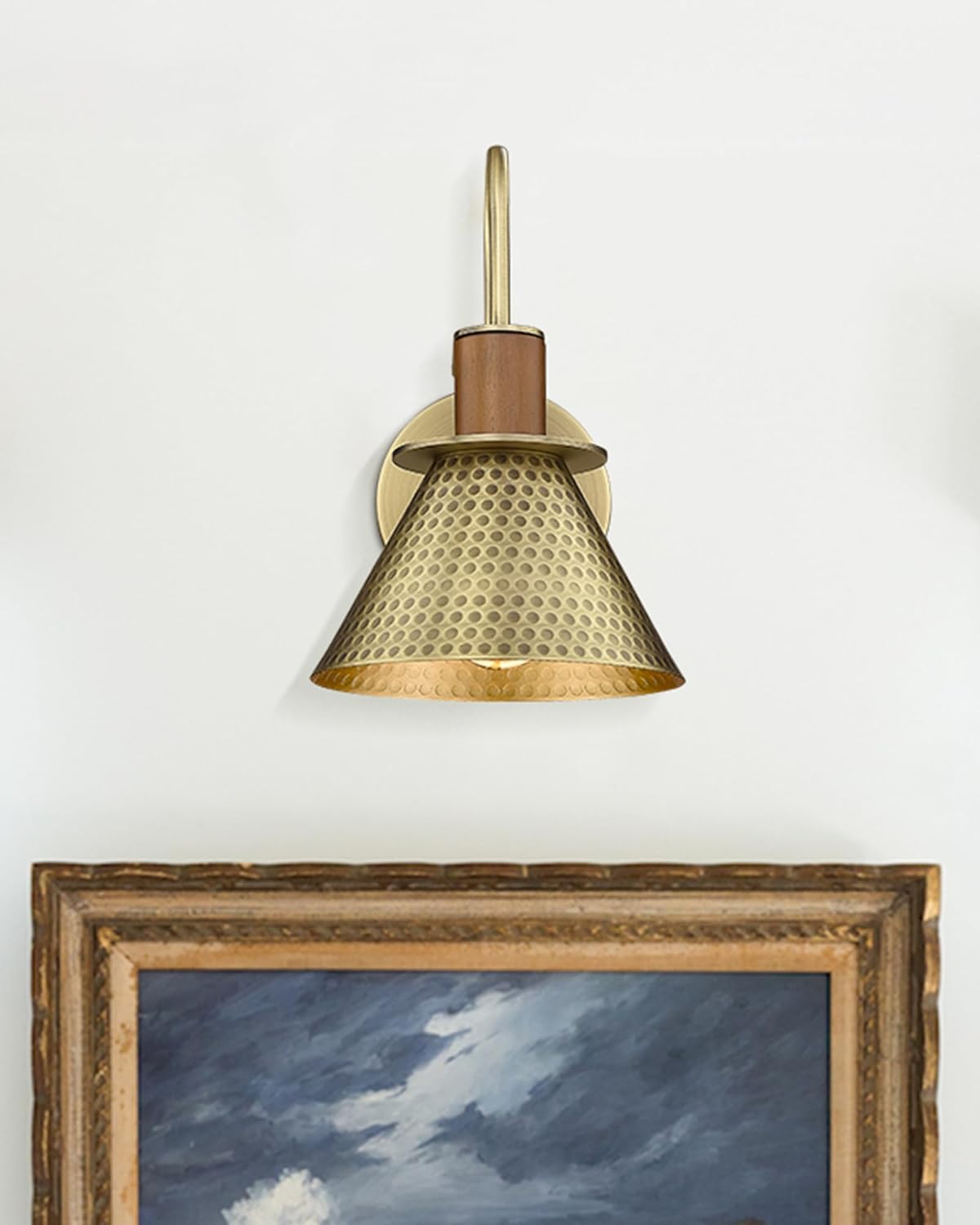 Barn Sconce Wall Lighting, HWH Gooseneck Wall Sconces Indoor Wall Lights, 1-Light Vanity Wall Lamp for Bathroom Bedroom Bedside Kitchen, Hammered Metal Shade, Antique Brass Finish, 5HZG74B BG