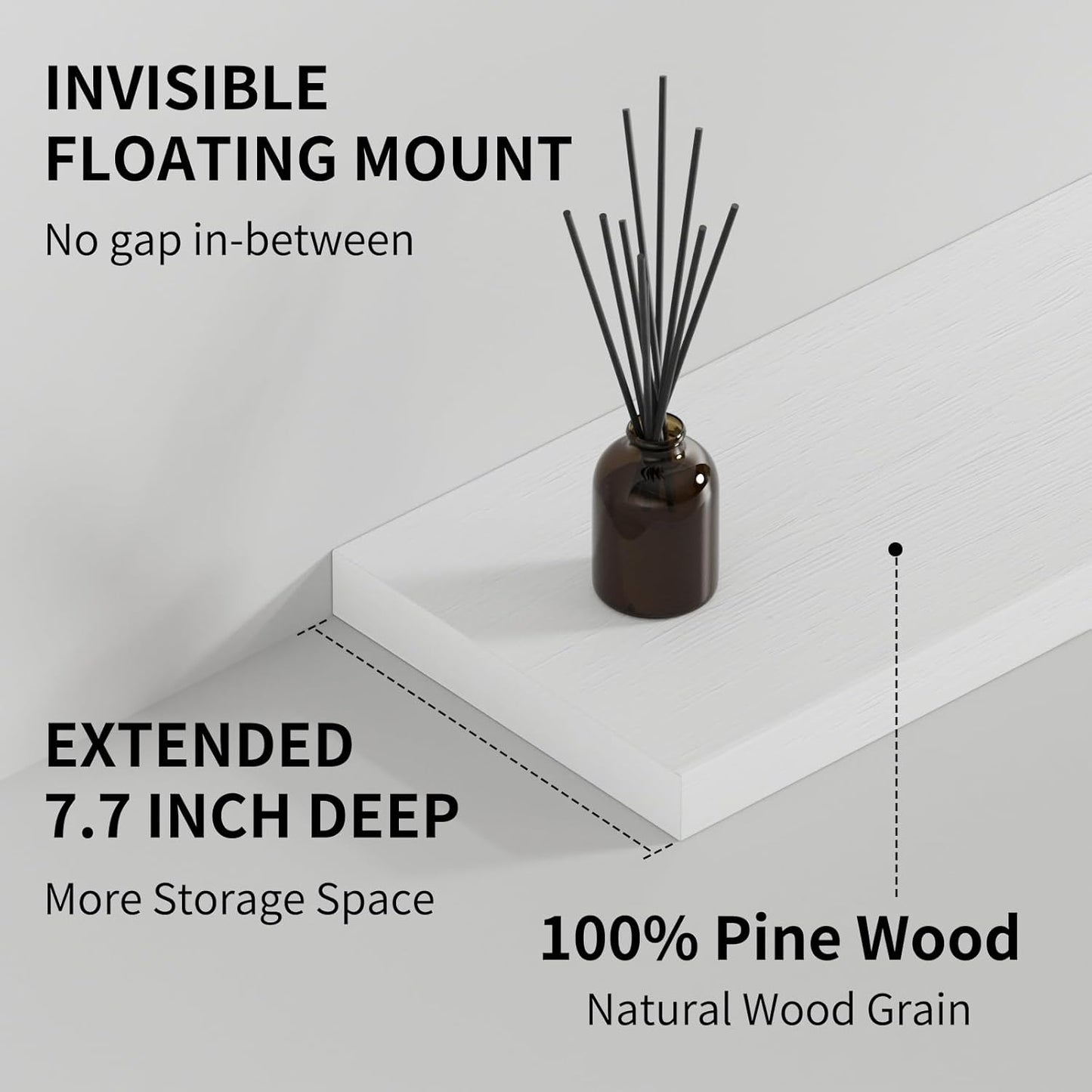 SAUMONIERES Floating Shelves 8 Inch Deep Solid Wood Wide Wall Shelf Set of 1 Wall Mounted for Bedroom Bathroom Living Room Kitchen, 48 Inch White