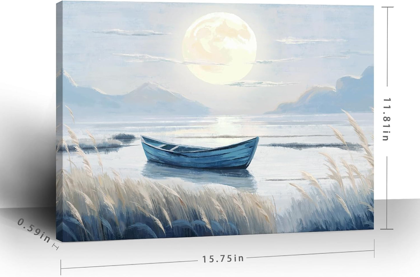amatop Coastal Bathroom Wall Art Blue Beach Nautical Ocean Nature Canvas Picture with Boat Moon Lake Mountain Sea Relaxing Serene Landscape Gallery Wrapped Artwork for Modern Home Bedroom Decor 16x12