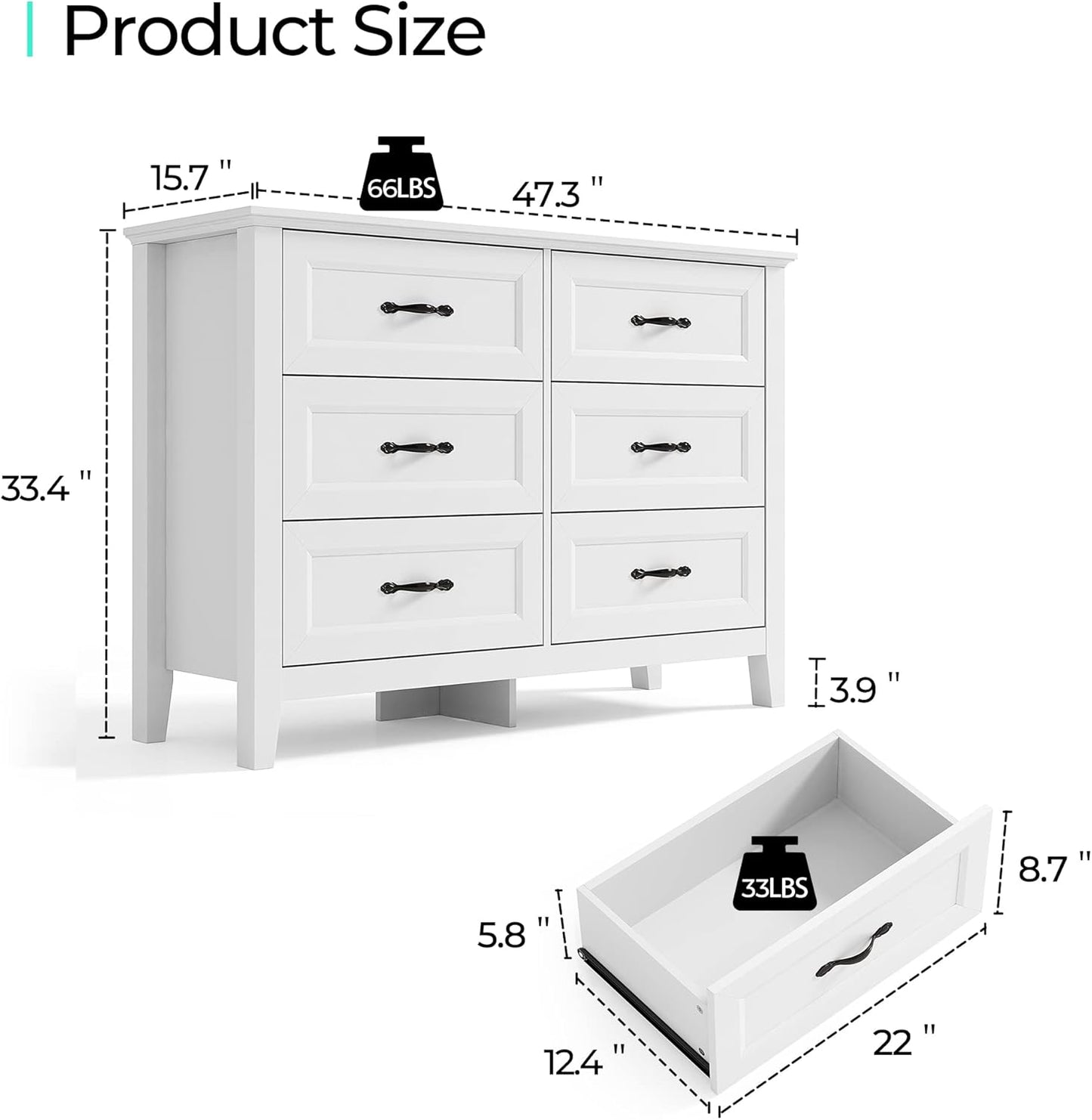 LINSY HOME Dresser for Bedroom, 6 Drawer Dresser with Metal Handles, Chest of Drawers for Living Room, Entryway and Hallway, White