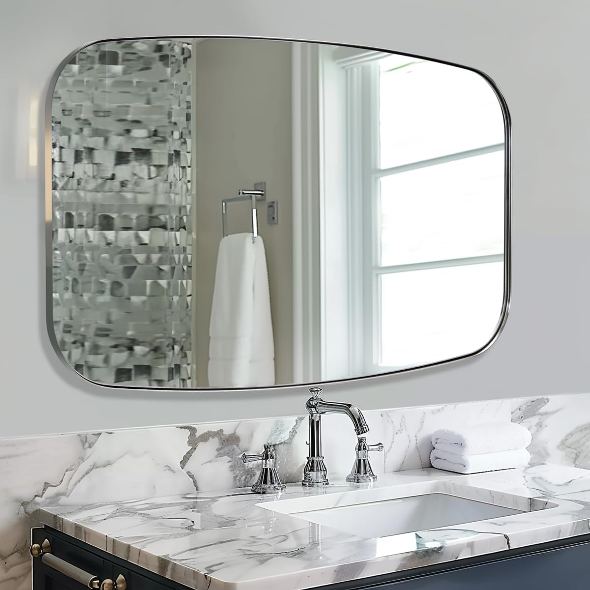 ANDY STAR Chrome Oblong Mirror, 36x48 Inch Polished Chrome Oval Mirror for Bathroom with Stainless Steel Metal Frame, Wall Mouned for Bathroom, Living Room, Entryway