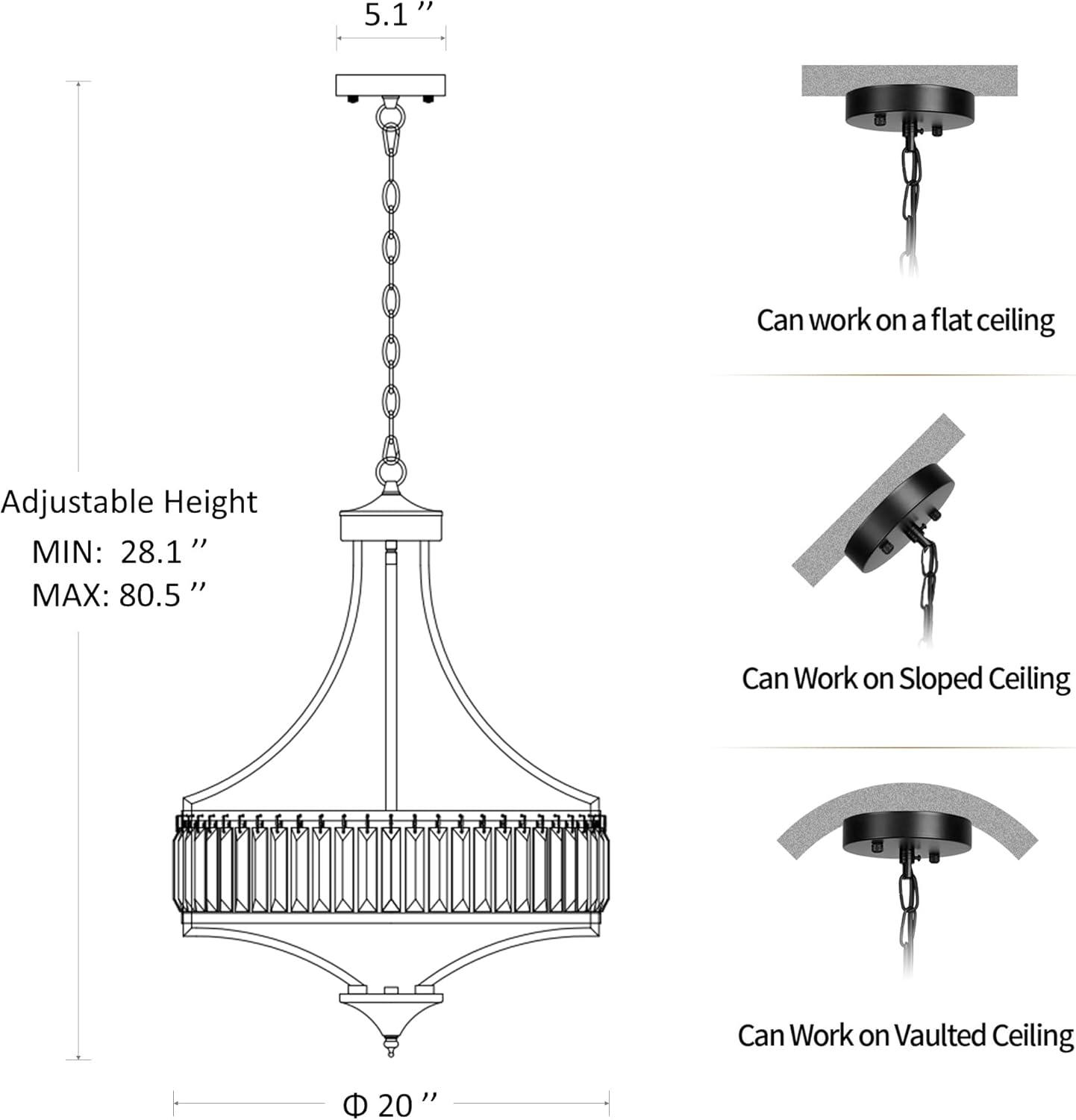 20" Brushed Nickel Chandeliers for Dining Room, 5-Light Modern Crystal Chandelier for Entryway, Hanging Round Light Fixture for Kitchen Island Living Room Bedroom Office Bathroom Staircase