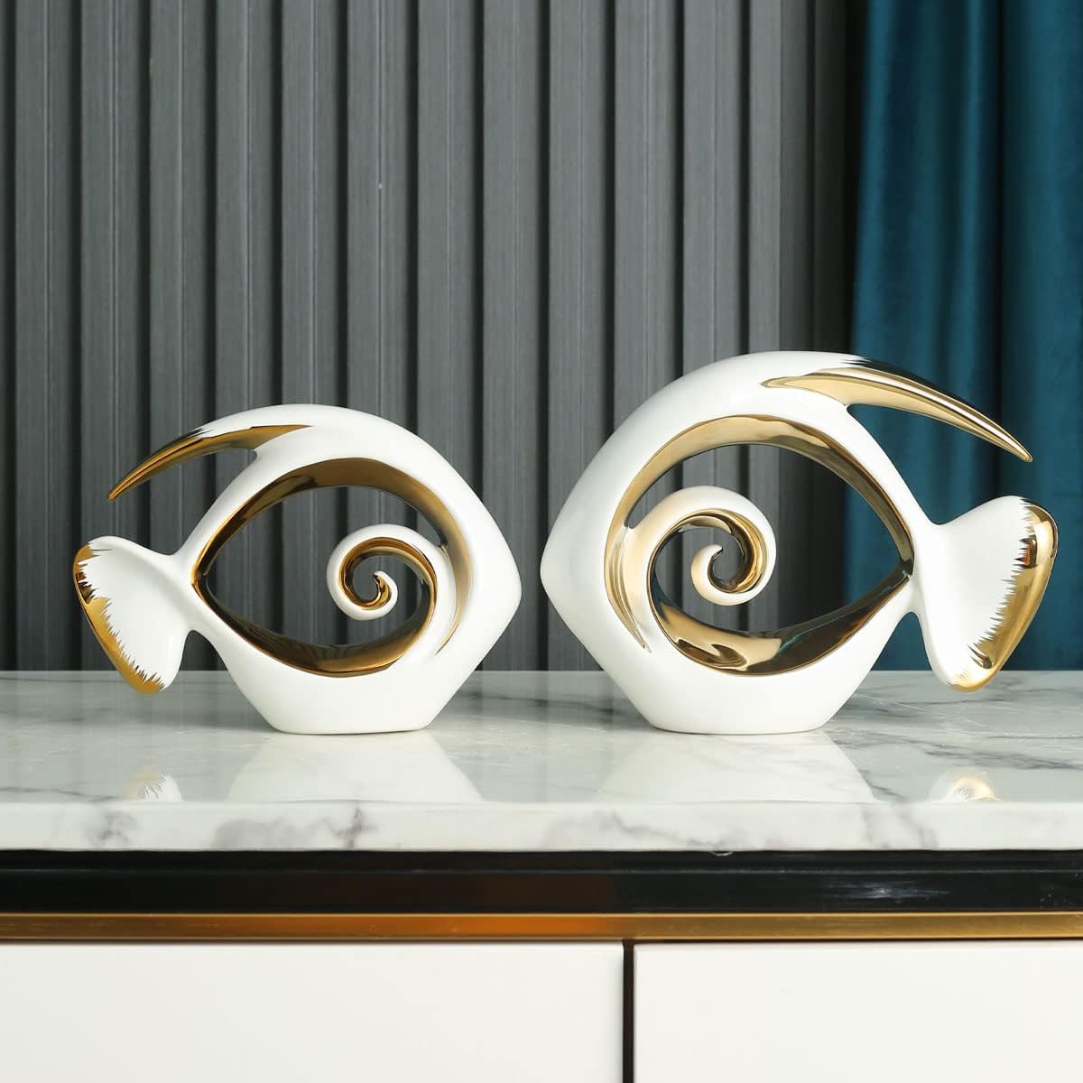 White Gold Ceramic Fish Figurines - Coastal Home Decor, Modern Ocean Centerpieces for Living Room, Dining Area, Bathroom, Office, Coffee Table, Beach House, Nautical, Seaside, Entrance, Shelf Display