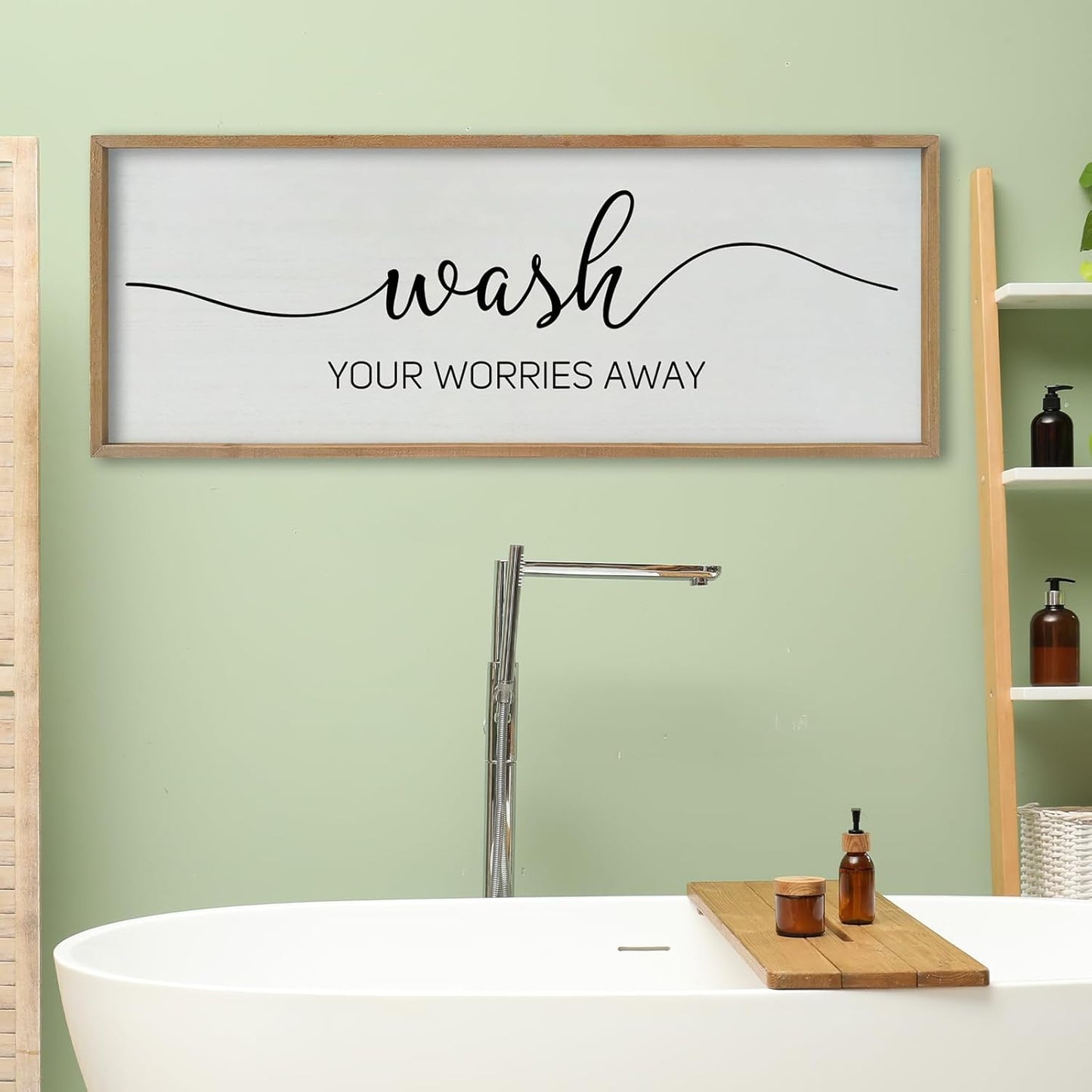 SRSZHIYUE Wash Your Worries Away Bathroom Sign Wall Art 40"x15" Funny Restroom Toilet Large Wood Framed Hanging Decor (Wood)