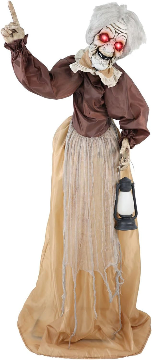 Haunted Hill Farm Lifesize Animatronic Scary Old Lady Zombie with Motion Activated Lights and Sound, Battery-Operated Indoor or Covered Outdoor Halloween Decoration