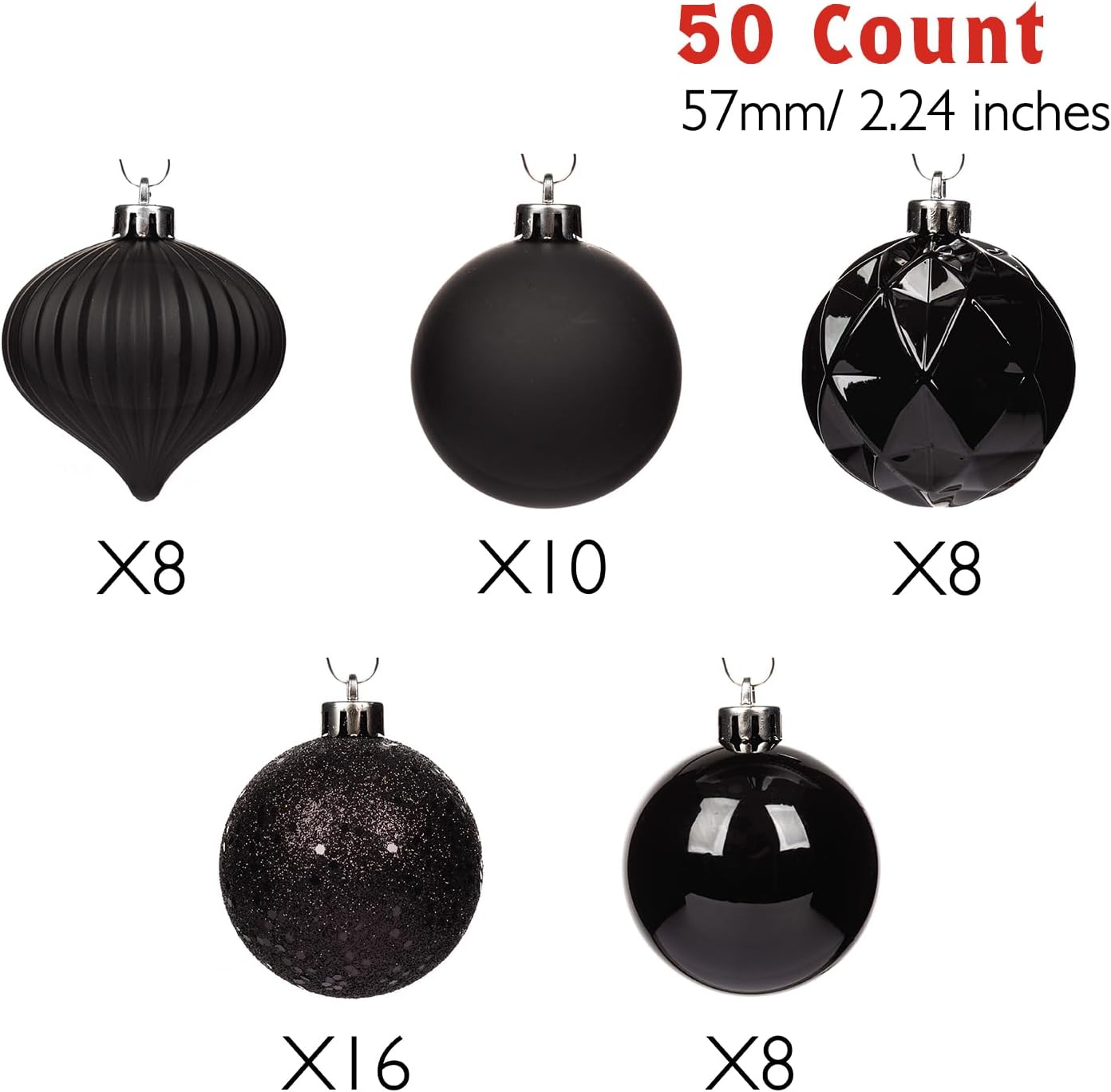 Every Day is Christmas Ornaments, Shatterproof Christmas Tree Ornament Set, Christmas Balls Decoration 50 Count (2.24"/57mm, New Black)