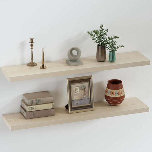 SAUMONIERES Floating Shelves 8 Inch Deep Solid Wood Wide Wall Shelf Set of 2 Wall Mounted for Bedroom Bathroom Living Room Kitchen, 36 Inch Natural