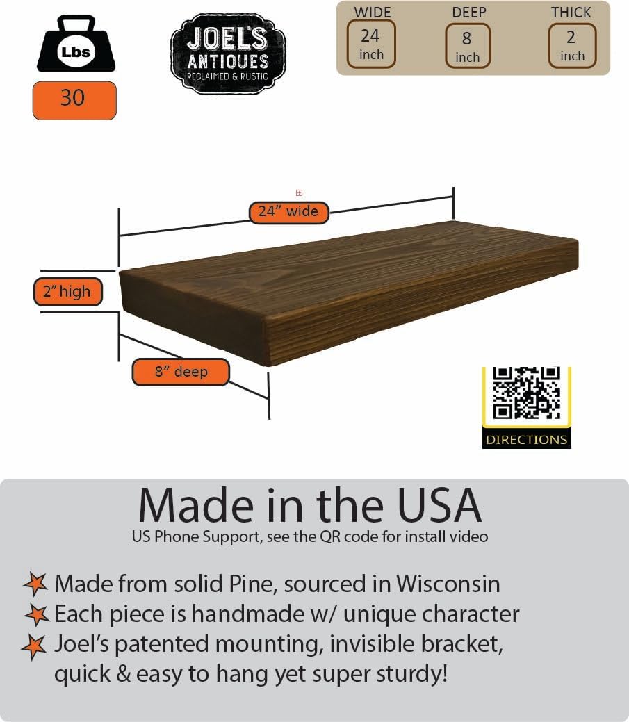 joelsantiques 24 Inch Wooden Floating Shelves for Wall - 24x8x2 in - Made of Natural Wood - Heavy Duty Rustic Wall Shelves for Bedroom - Perfect for Living Room, Kitchen - Medium Brown