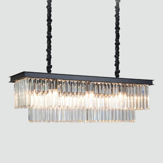 12-Lights Modern Rectangular Crystal Chandeliers Rectangle Contemporary Linear Pendant Ceiling Light Fixture for Kitchen Island Dining Room Bar, Black 47 Inch