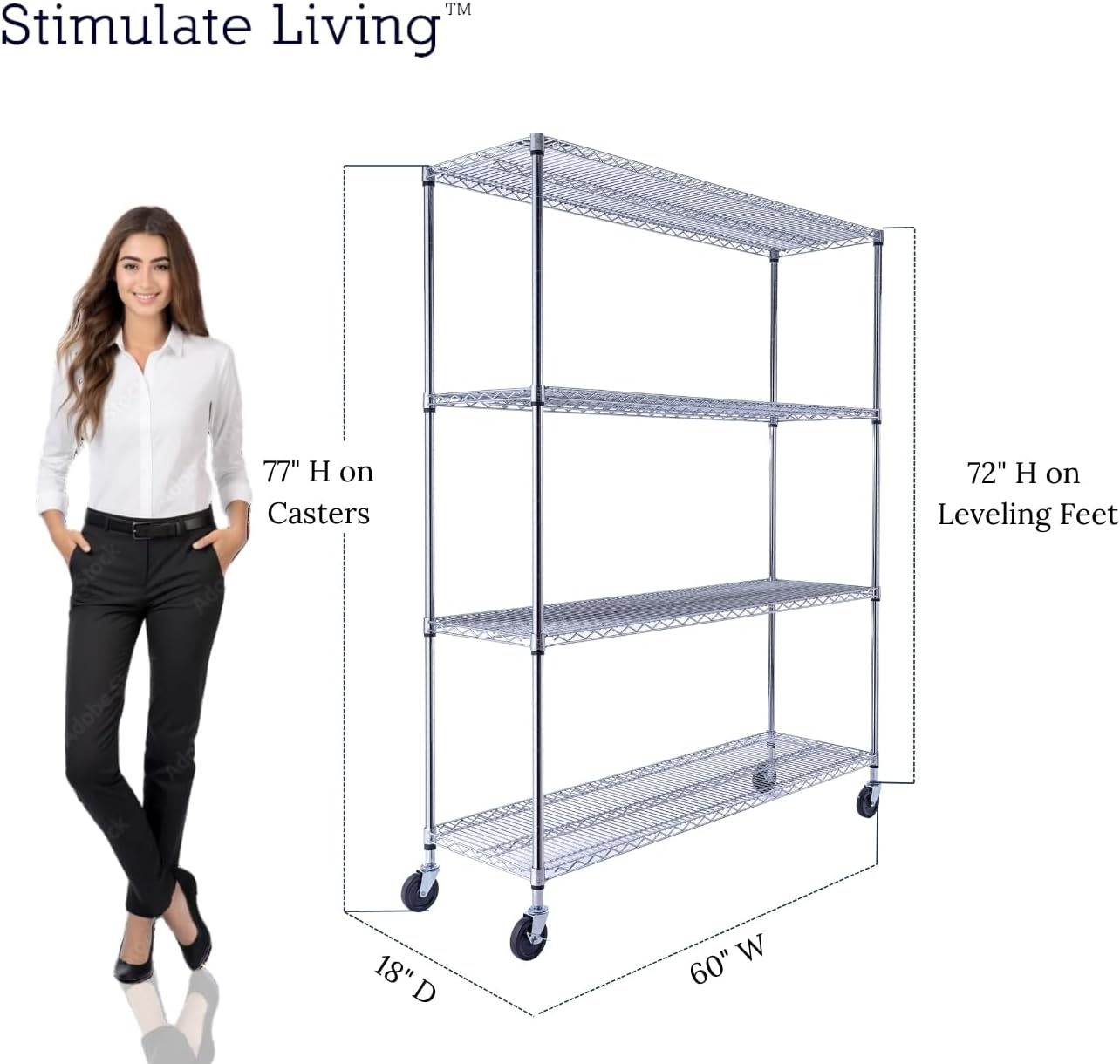 60"x18"x72" Prime Heavy Duty Chrome 4-Tier Wire Shelving NSF 3200 LBS MAX Capacity Storage Rack for Commercial, Hospital, School, Garage, and Kitchen Uses (with Wheels)