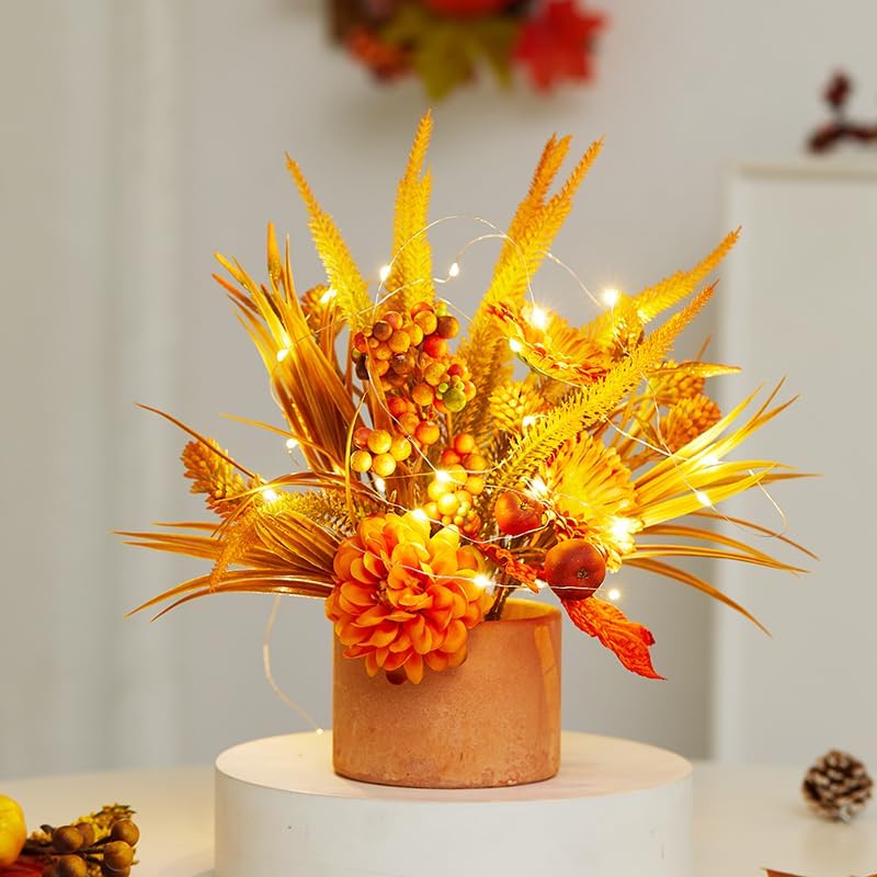 Thanksgiving Centerpiece Fall Table Flower - 2 Pack Lighted Realistic Artificial Table Plant with Western Modern Boho Rustic Aesthetic Bouquet Fall Decor Gift for Home Farmhouse