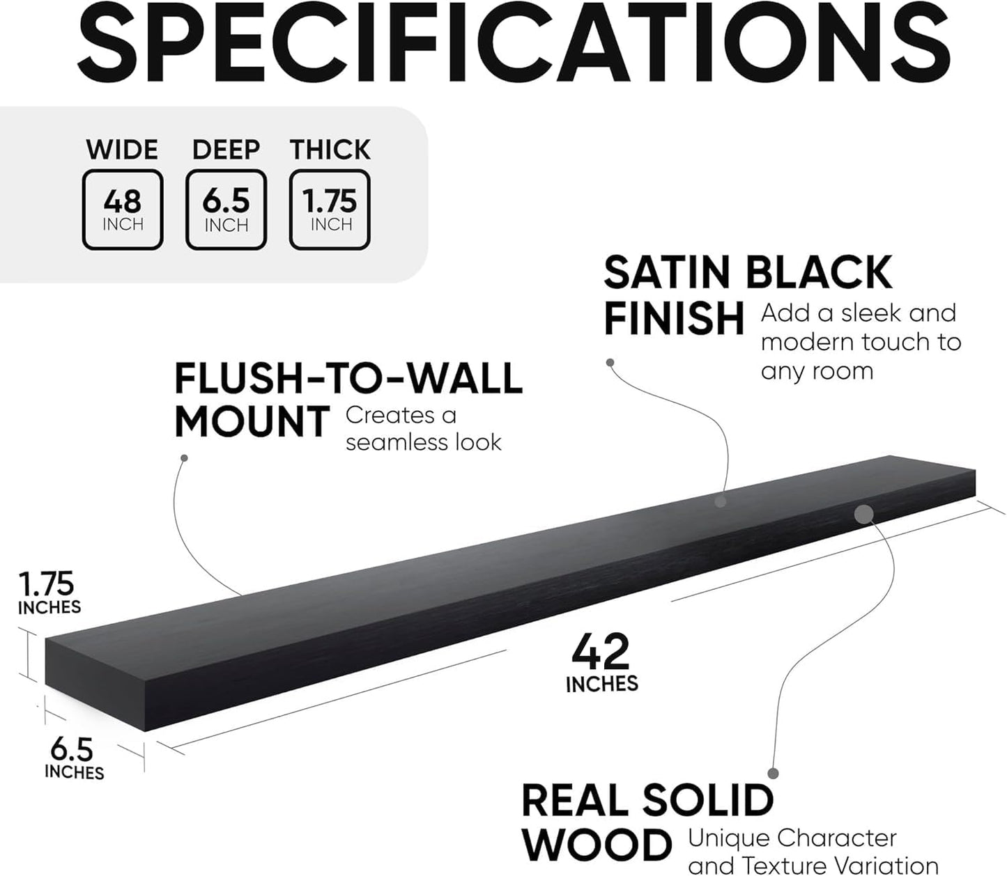 Homeforia Floating Black Shelf 42 inch, High End Solid Real Wood 42 inches Long Floating Shelves for Wall, Black Wooden 42inch Large Floating Shelves, Heavy Duty Bracket, 42 X 6.5 X 1.75 in, Set of 2