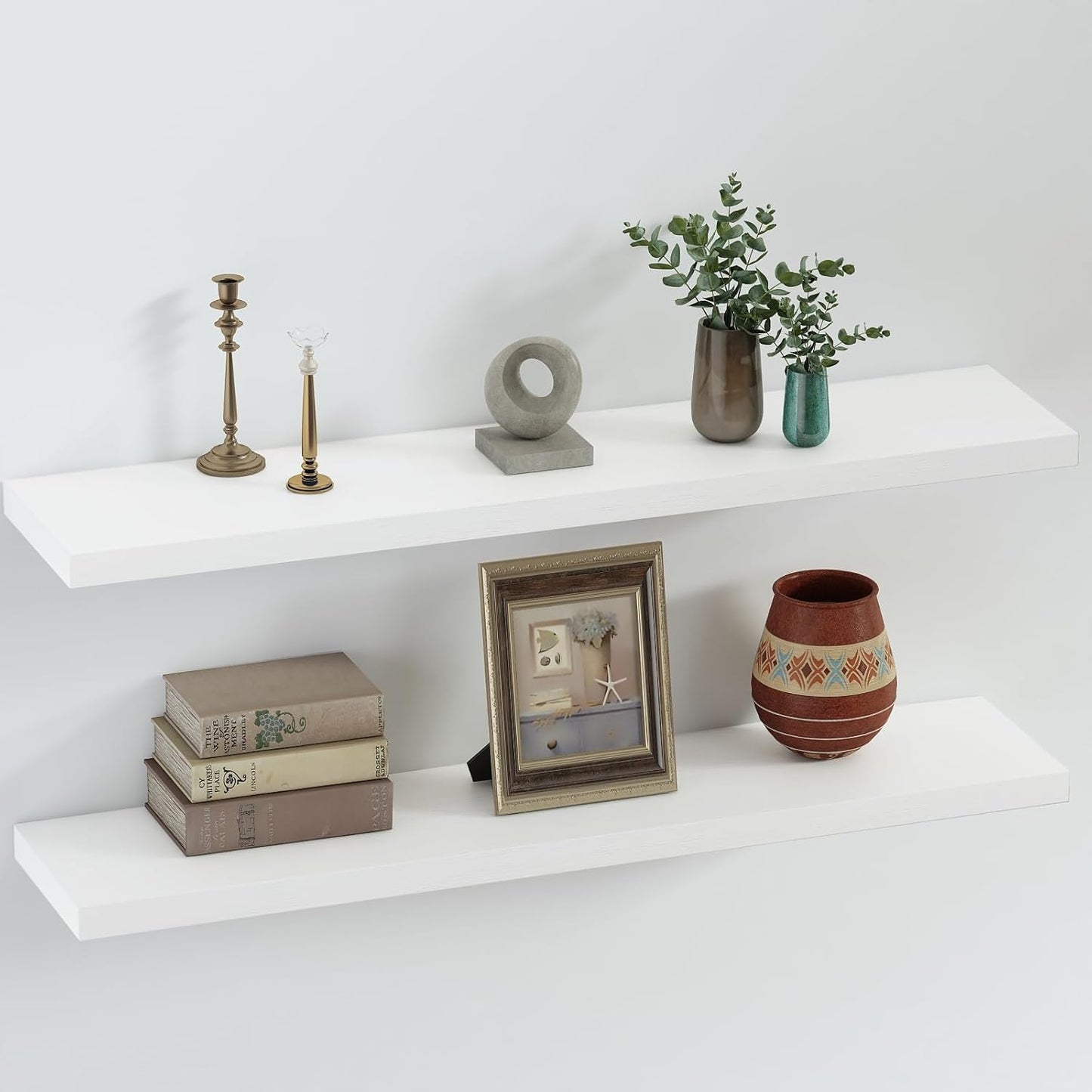 SAUMONIERES Floating Shelves 8 Inch Deep Solid Wood Wide Wall Shelf Set of 2 Wall Mounted for Bedroom Bathroom Living Room Kitchen, 36 Inch White