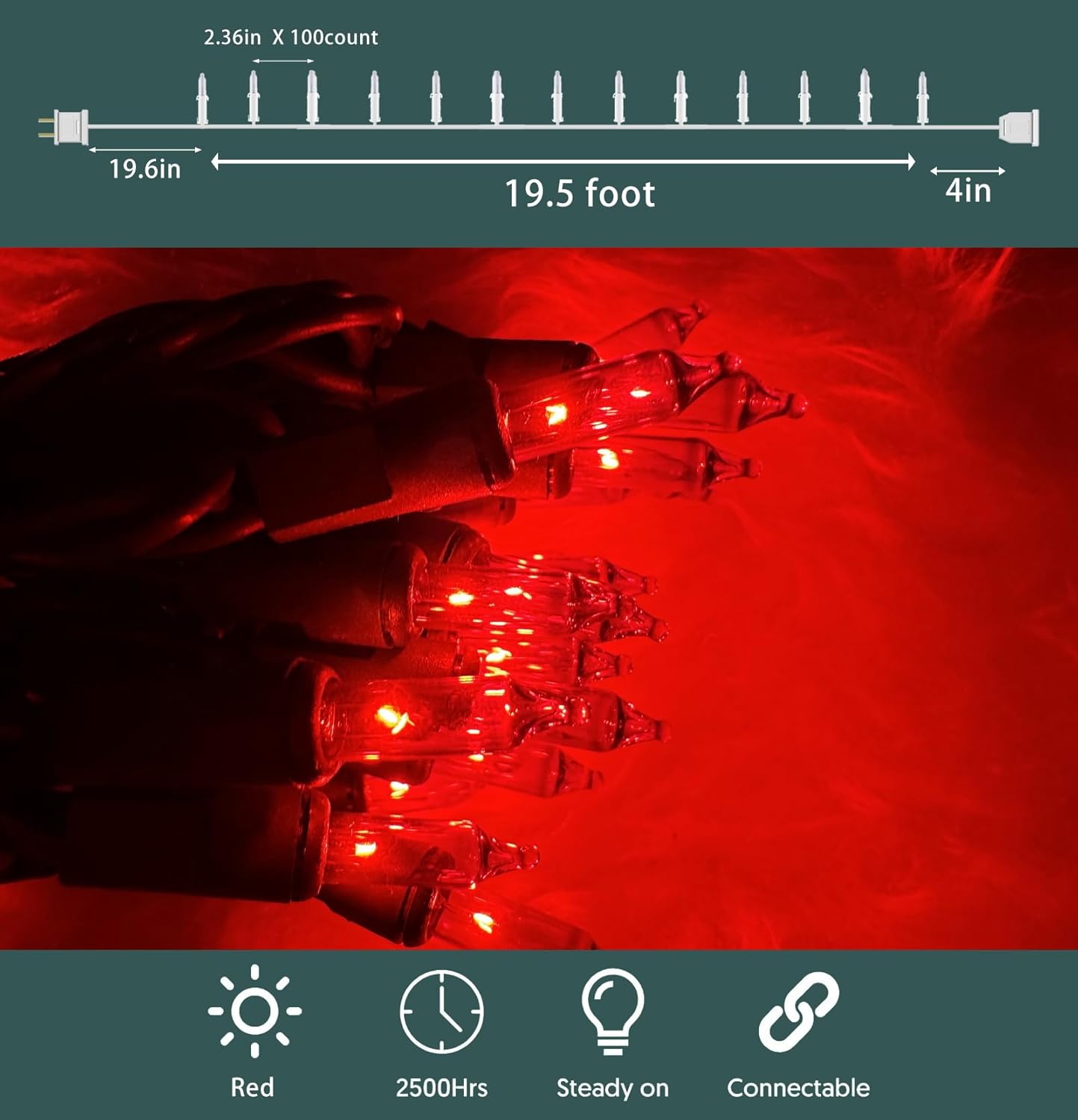 HISHINY Christmas Lights 100 Count Red Christmas Tree String Lights with Green Wire for Outdoor Indoor Christmas Decorations Wedding Decorations Valentines Day Decor,UL Certified (21feet)