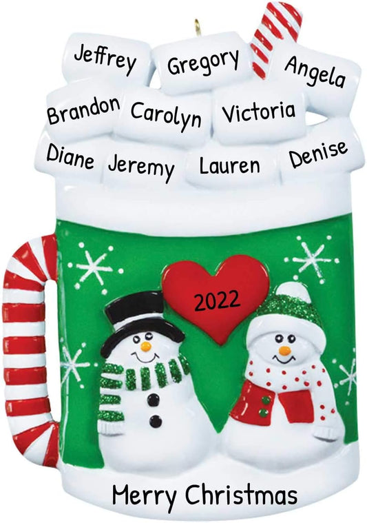 Snowman Family of 10 Ornament 2025 Personalized Family Christmas Ornaments 2025 Grandparents Holiday Mug Personalized Tree Ornaments for Grandchildren Siblings & Grandkids Marshmallows of Ten Ornament