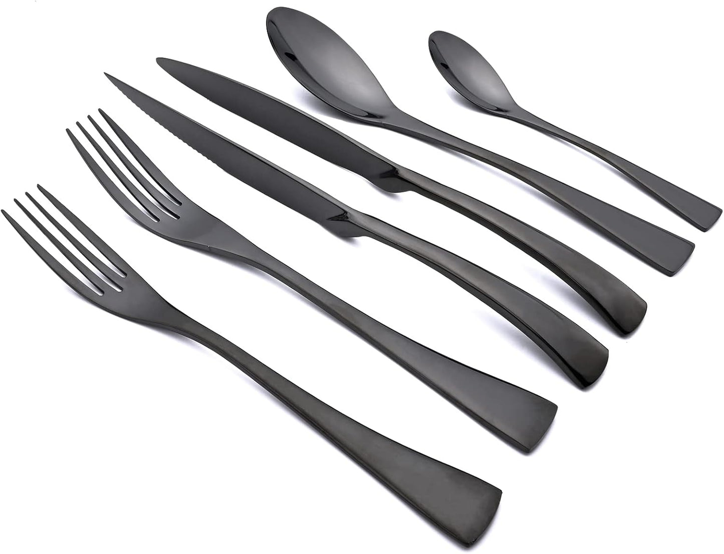 24-Piece Black Flatware, Mirror 18/10 Stainless Steel Modern & Luxury Dinnerware Set With Serrated Steak Knife Teaspoon For Daily Use or Dinner Party Restaurant - Service For 4