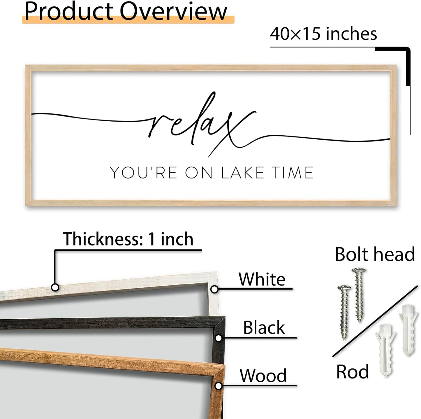 SRSZHIYUE Relax You're On Lake Time Wall Decor Above Bed Sign 40"×15" for Lake House Bedroom Over Bed Large Wood Framed Hanging Art (Wood)