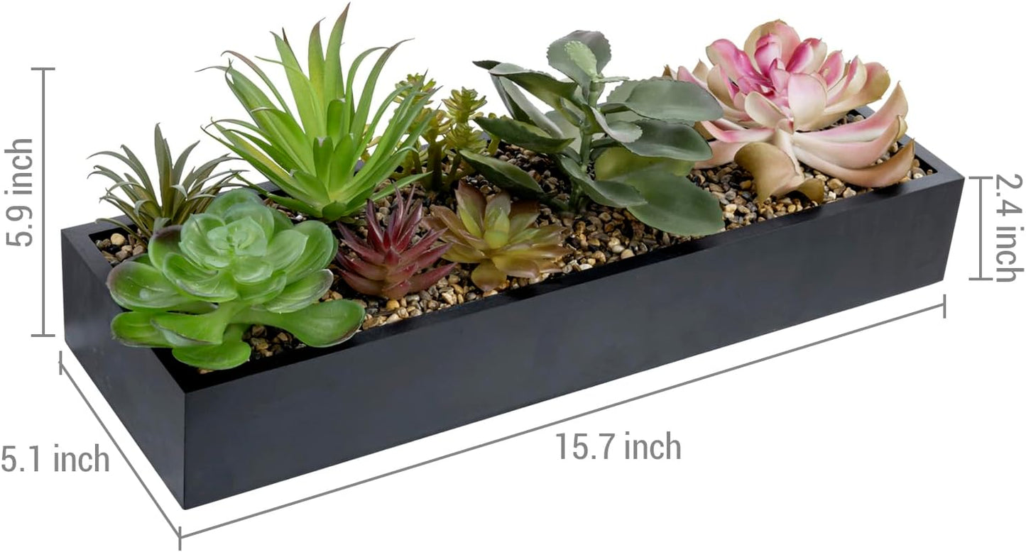 MyGift Artificial Assorted Succulent Arrangement in Rectangular Black Wood Planter Box, Fake Plant Decor