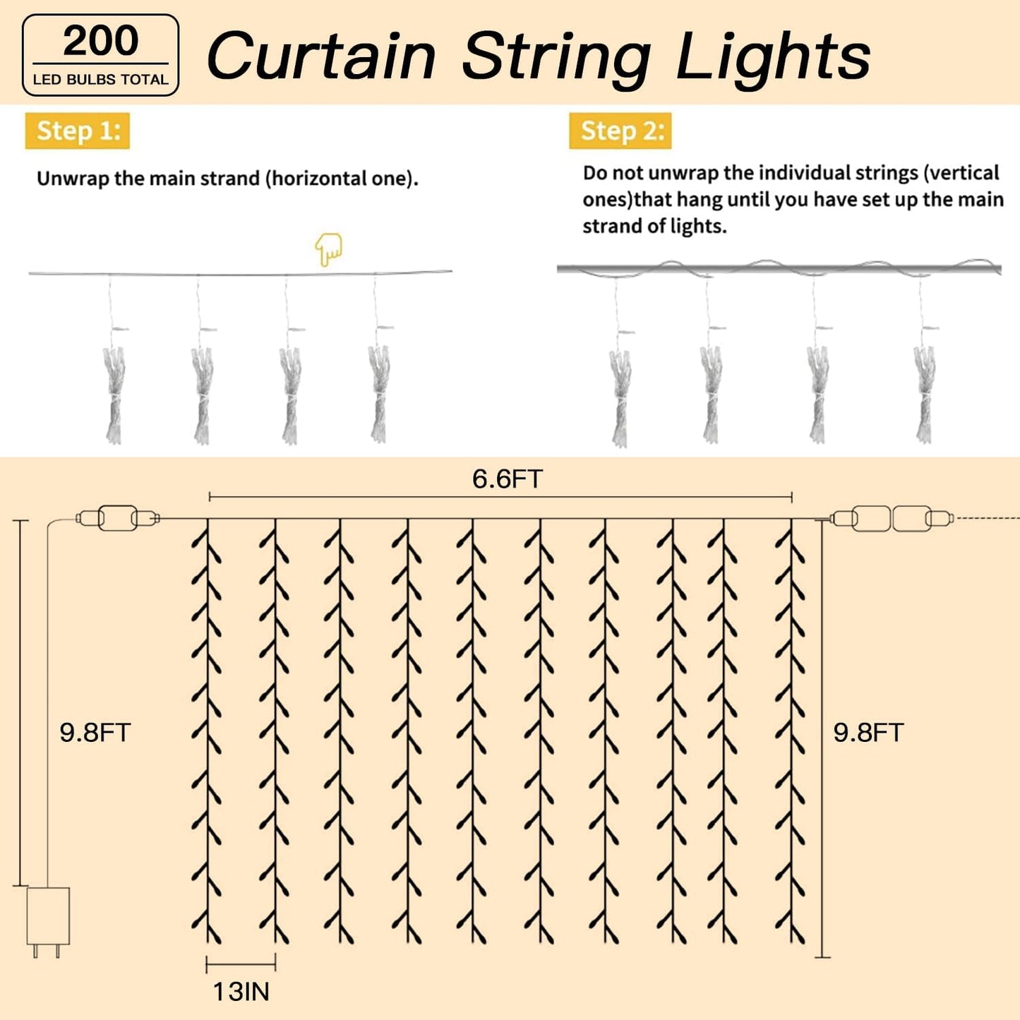 200 LED Curtain String Lights 9.8 * 6.6FT Plug in Fairy with Timer and 8 Modes, Waterproof Window Wall for Bedroom Wedding Party Indoor Outdoor Christmas Decor