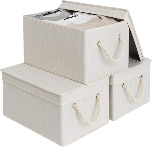 StorageWorks Large Storage Bins with Lids, Decorative Storage Boxes with Lid and Soft Rope Handles, Foldable Storage Baskets for Closet, Shelves, Stackable, Ivory and White, 3-Pack