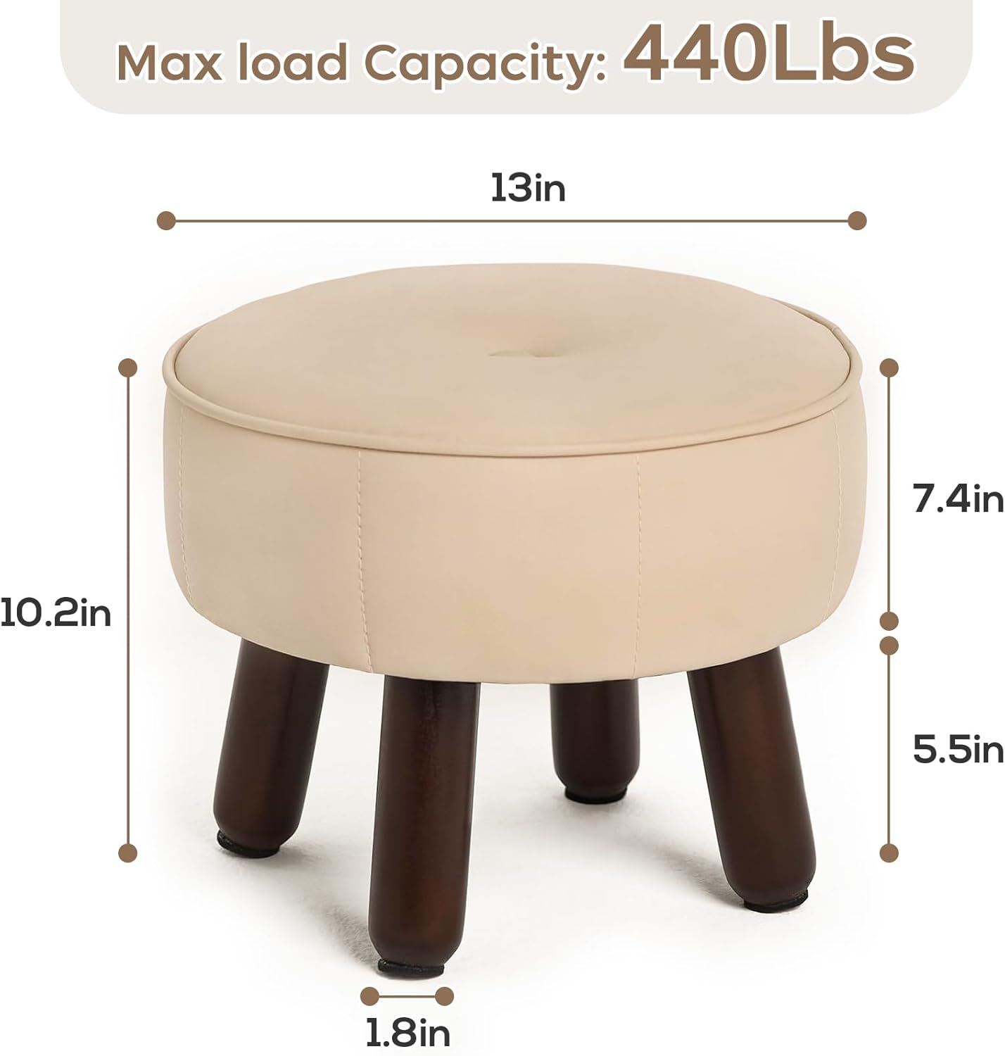 13in Small Foot Stool Ottoman, Round Faux Leather Foot Rest for Couch, Under Desk Pouf Footstool Footrest with Non-Skid Rubber Legs for Ling Room, Bedroom, 13''L x 13''W x 10.2''H, Beige