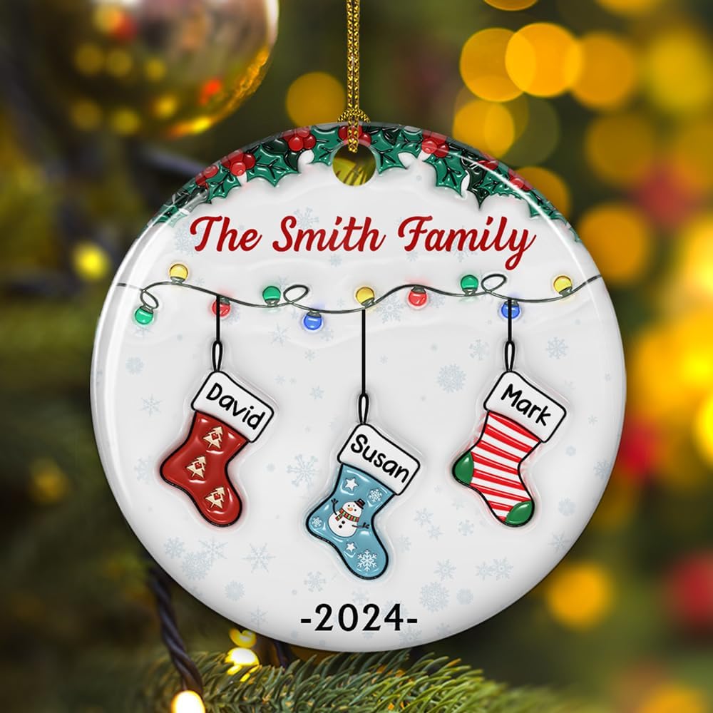 Stocking Personalized Family Christmas Ceramic Ornament 2025-3D Inflated Effect Custom Name Hanging Stock up to 10 Members, First Xmas as A Family Ornament Gifts (A04, 2 Names)
