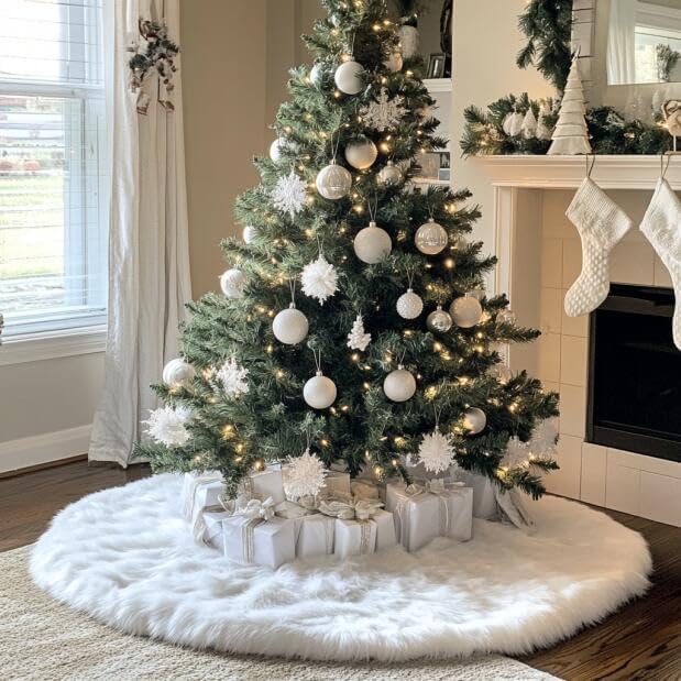 AOGU 36 Inch Faux Fur Christmas Tree Skirt White Plush Skirt for Merry Christmas Party Christmas Tree Decoration