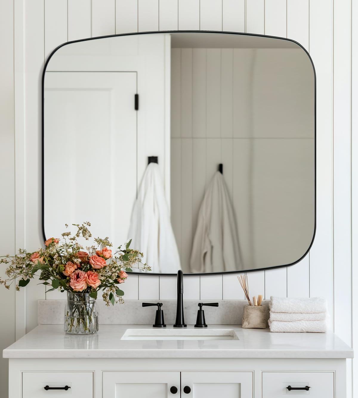 ANDY STAR Black Oblong Mirror, 36x40 Inch Black Oval Mirror for Bathroom with Stainless Steel Metal Frame, Wall Mouned for Bathroom, Living Room, Entryway