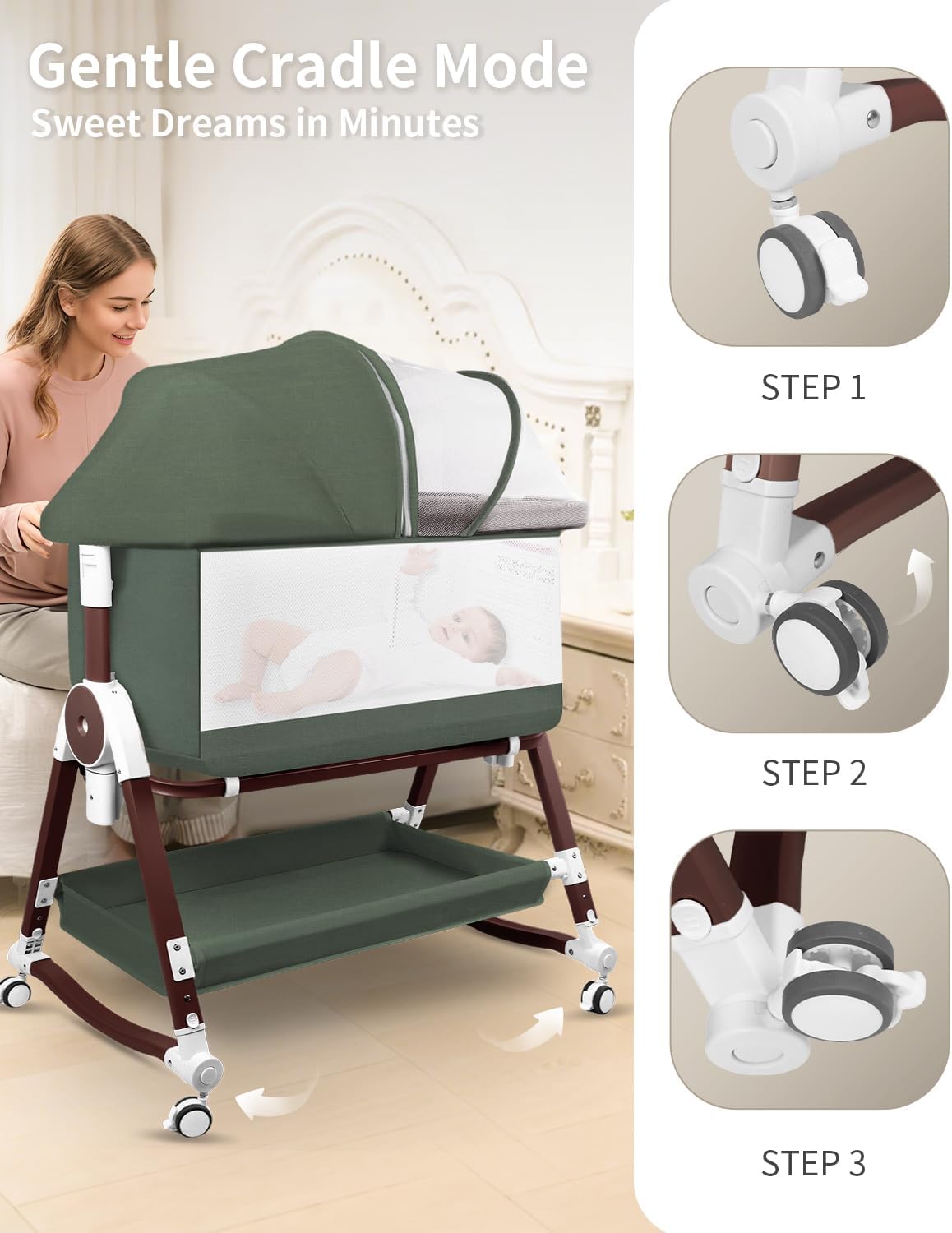 4 in 1 Baby Bassinet, Bassinets Bedside Sleeper with Wheels and Storage Basket, Adjustable 7 Heights Bedside Sleeper with Mosquito Net, Breathable Mesh Rocking Bassinet for Baby