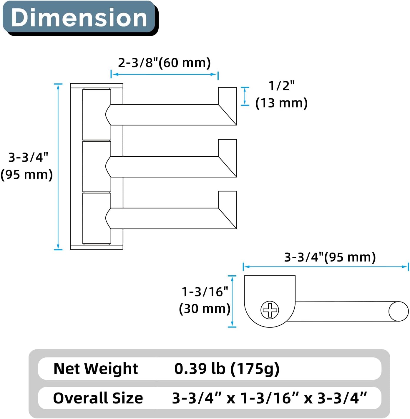 Angle Simple Swivel Towel Hook 3 Arms, SUS 304 Stainless Steel Foldable Robe Towel Hook for Bathroom, Wall Coat Holder, Brushed Nickel