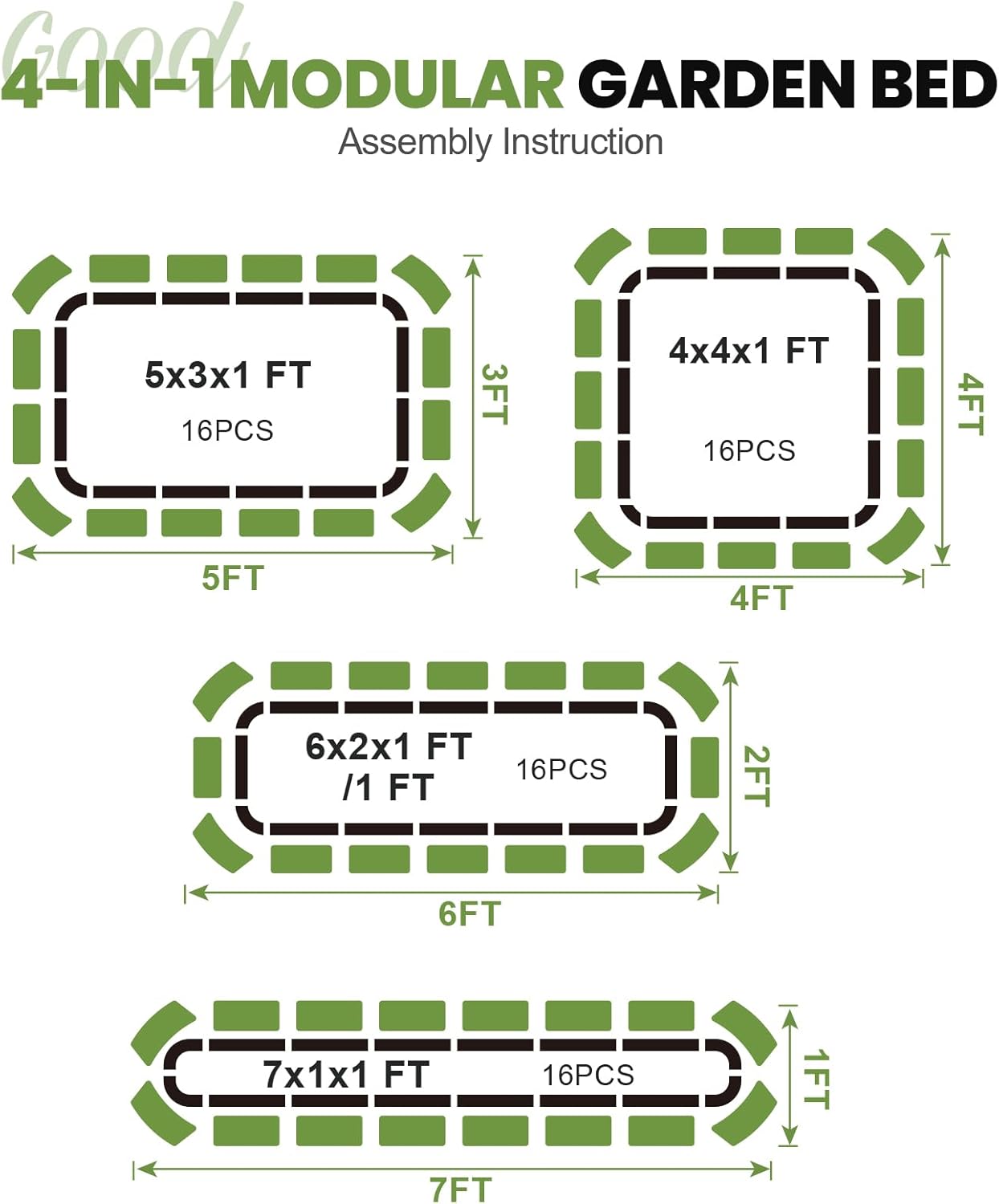 G GOOD GAIN Raised Garden Bed Kit | 2Pcs 4-in-1 Adjustable Galvanized Metal Planter Boxes for Outdoor Vegetables, Flowers Herb | Multiple Sizes (5x3x1ft, 4x4x1ft, 6x2x1ft, 7x1x1ft), Green