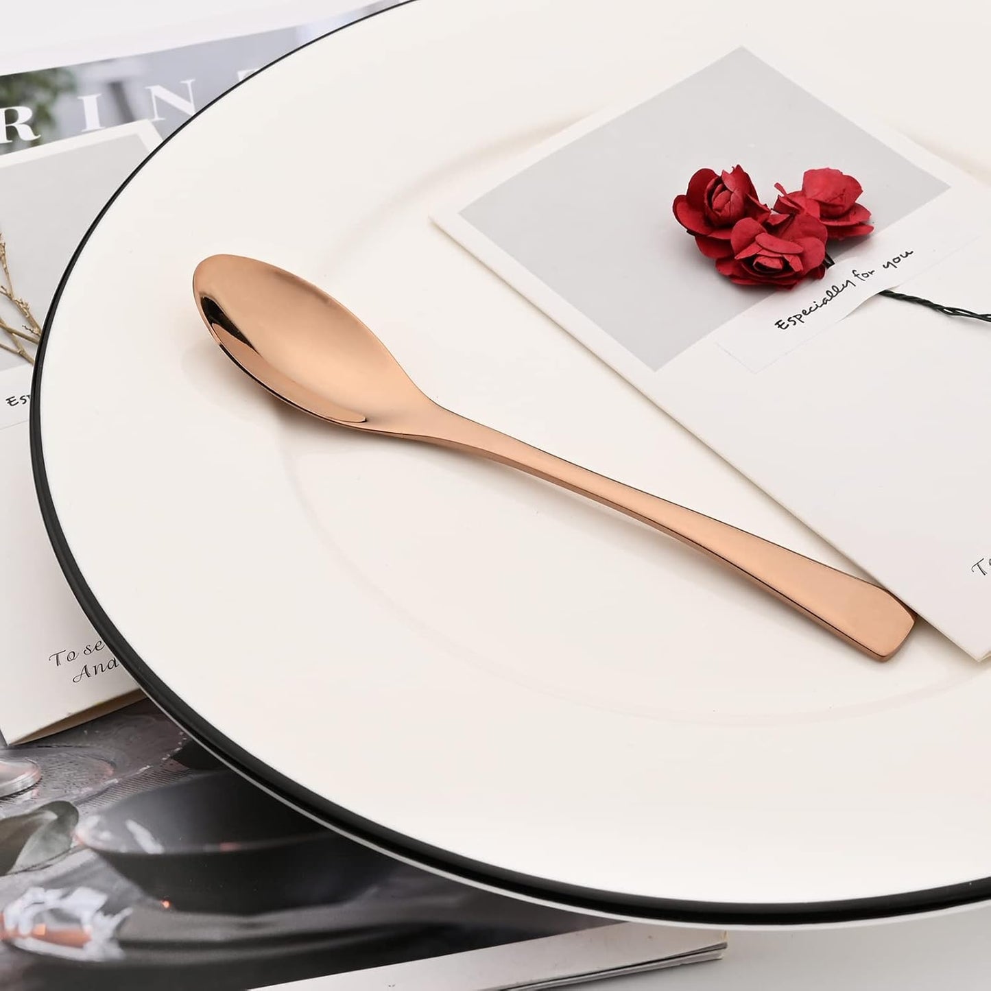 24-Piece Copper Flatware, Mirror 18/10 Stainless Steel Modern & Luxury Dinnerware Set With Serrated Steak Knife Teaspoon For Daily Use or Dinner Party Restaurant - Service For 4