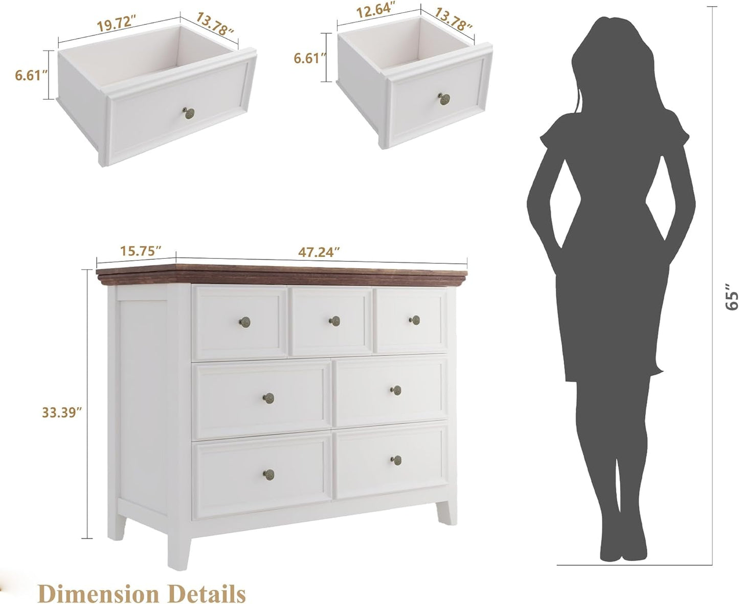 BLANKSPACE 7 Drawer Dresser, Modern Farmhouse Dresser Chest of Drawer for Bedroom, Chest of Drawers Storage Cabinet for Living Room, Entryway, Hallway, Antique White