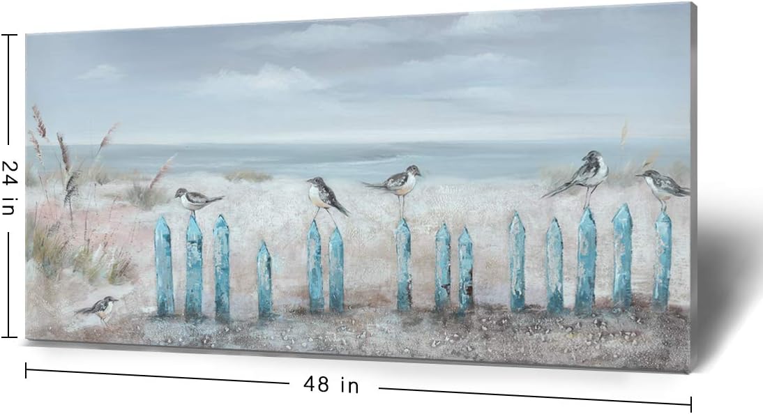 amatop Large Living Room Wall Art Hand-Painted 3D Seascape Canvas Oil Painting Ocean Beach Coastal Picture Artwork for Home Decorations Bedroom Office Décor 48x24inch