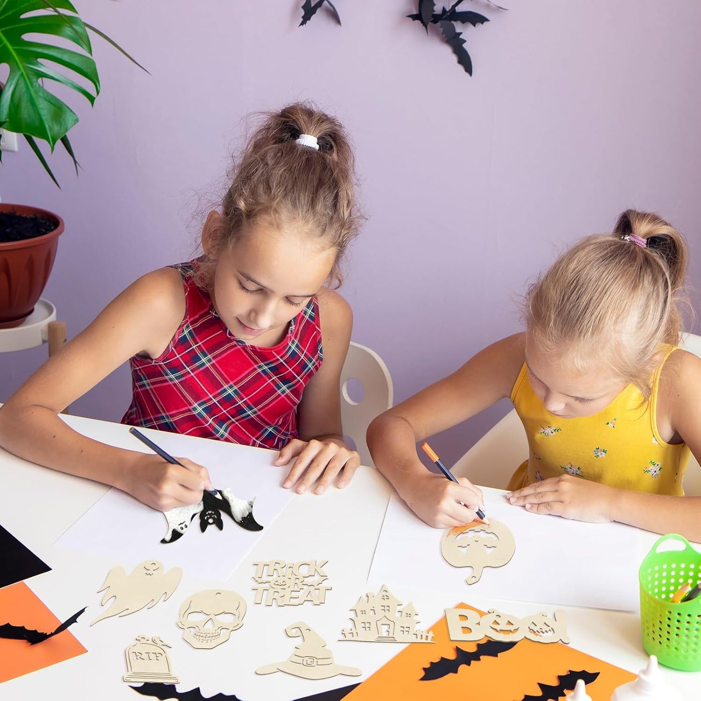 80PCS Wooden Halloween Ornaments to Paint Fall Decorations,10 Styles DIY Blank Autumn Unfinished Wood Skull Pumpkin Ghost Bat Boo Trick or Treat Halloween Cutouts Ornament for Crafts Party Hanging