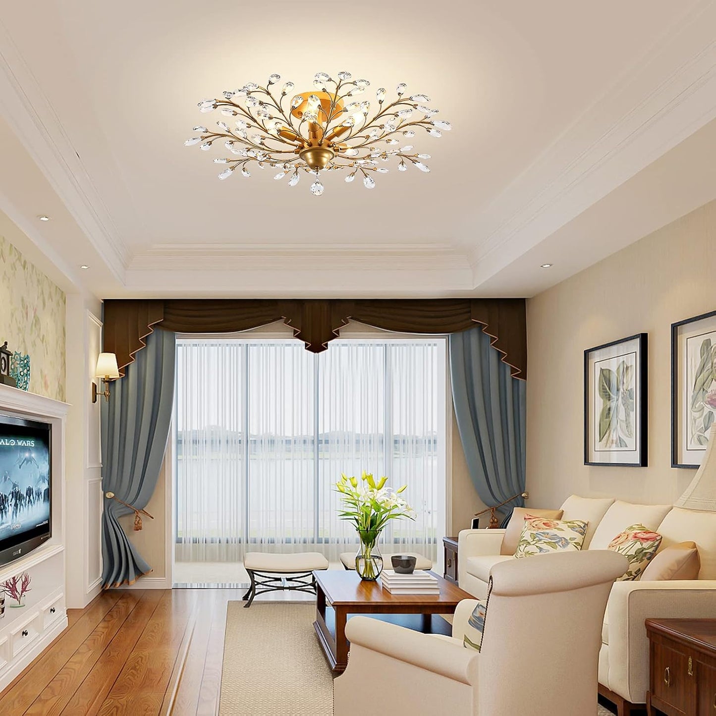 Ganeed Crystal Chandeliers,Vintage K9 Clear LED Ceiling Lighting,Edison Pendant Light Flush Mounted Fixture with 5 Light for Living Room Dinning Room Restaurant Porch Hallway (Gold)