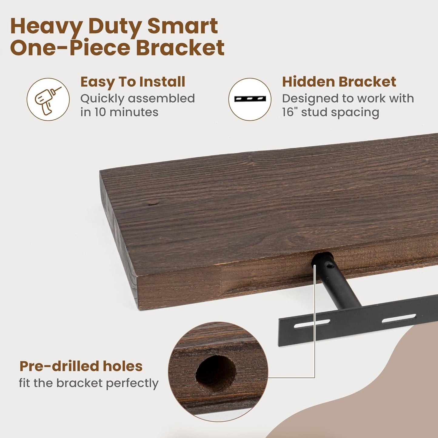 Floating Shelves for Wall Decor, Rustic Solid Elm Wood Live Edge Floating Shelves Wall Mounted, Wall Shelves with Invisible Bracket for Living Room Bathroom Bedroom Kitchen, 40 Inch Set of 1, Walnut