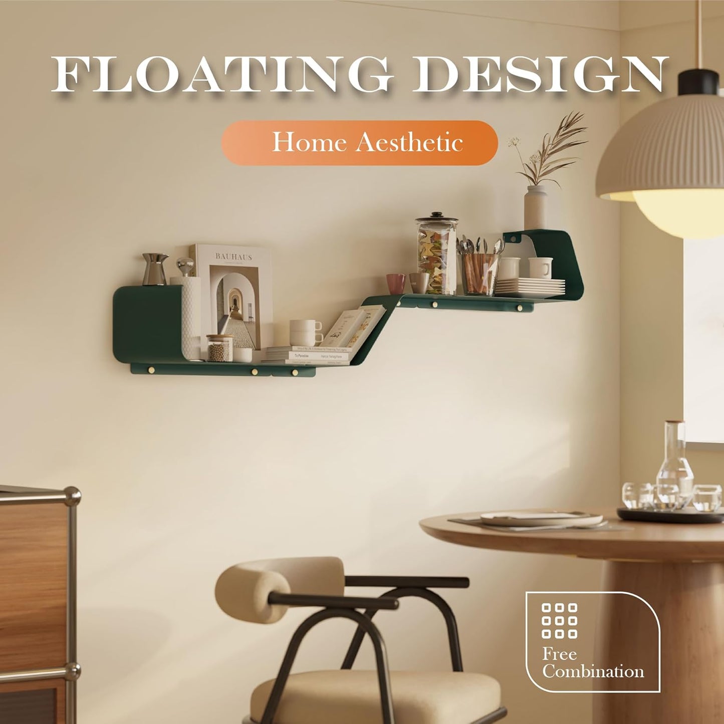 Floating Shelves, Wall Shelf, Set of 3 Wall Mounted Metal Shelves with Unique Design for Wall Storage, Book Shelf, Display Shelves for Bathroom Bedroom Kitchen Living Room for Home Green