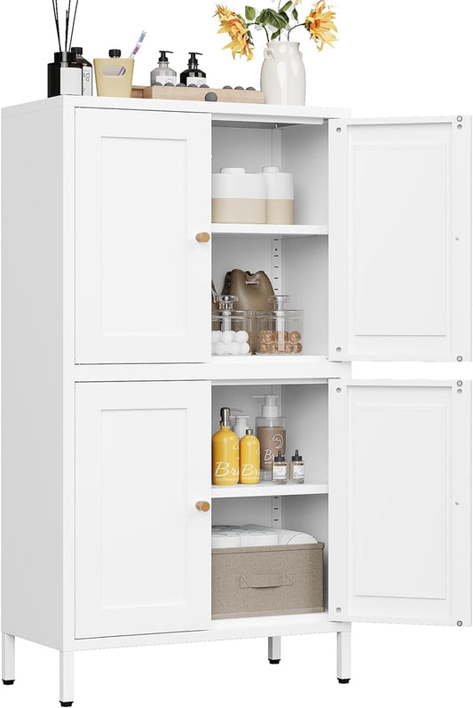 White Storage Cabinet with 4 Doors and 2 Adjustable Shelves,Narrow Food Pantry Cabinet with Leg,24 inch Wide Bathroom Cabinets,Small Metal Storage Cabinets for Home Kitchen,Dining/Living/Laundry/Room