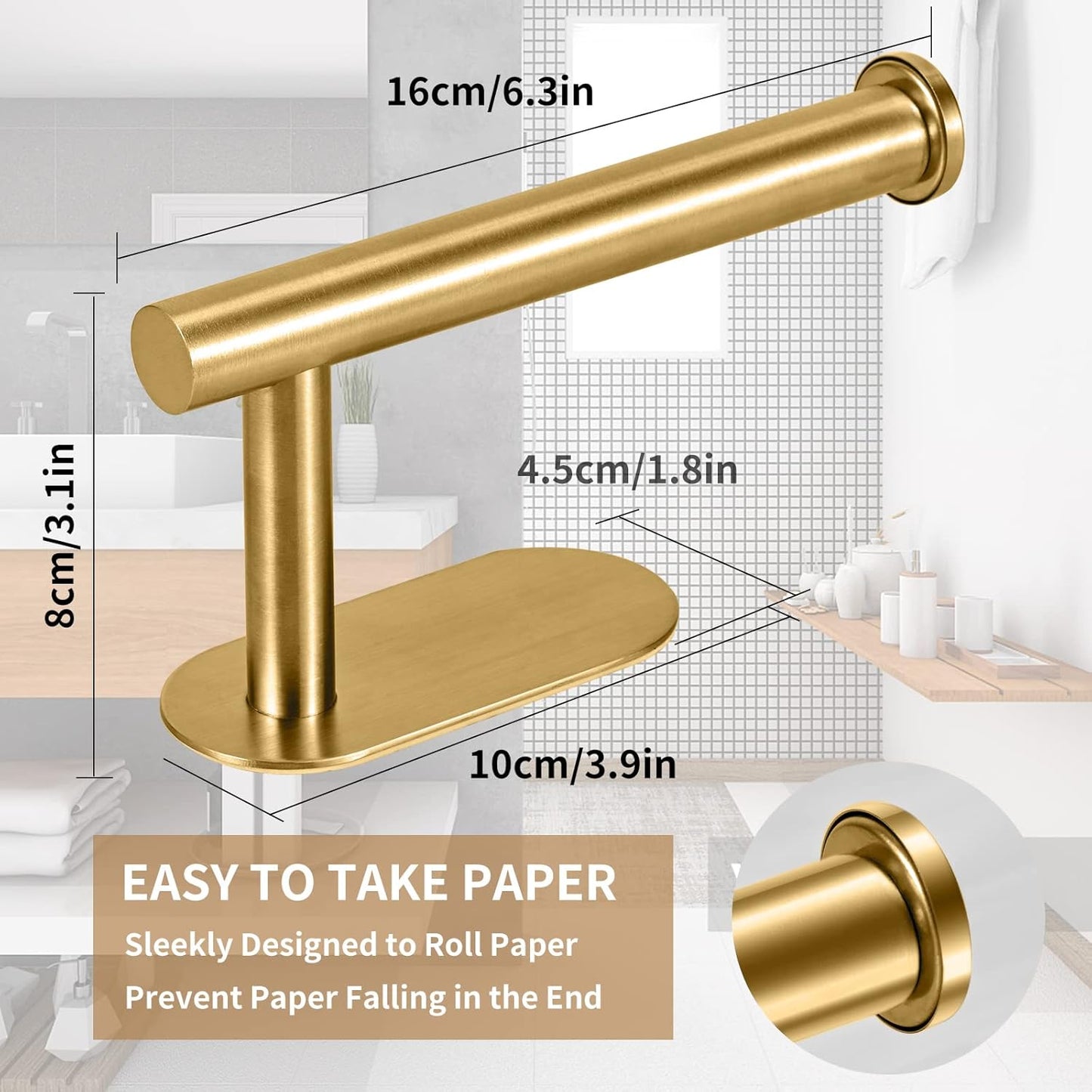 Toilet Paper Holder,Gold,Wall Mount, Upgraded Adhesive Toilet Roll Holder,no Drilling,Bathroom/Rv/Washroom,SUS 304 Stainless Steel,Rustproof (Gold, 2 Pieces)