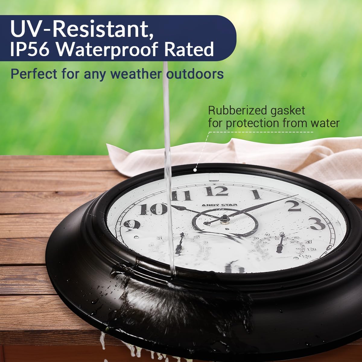 Andy Star 21 Inch Large Illuminated Outdoor Wall Clock Waterproof with Thermometer and Hygrometer, Oversized Battery Wall Clock for Patio Pool, Oil Rubbed Bronze Silent Non Ticking Clock for Garden