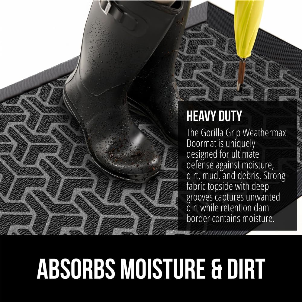 GORILLA GRIP 100% Waterproof All-Season WeatherMax Doormat, US Designed Natural Rubber, Stain and Fade Resistant, Low Profile Indoor Outdoor Door Mats, Easy Clean Patio Mat, 17x29, Slate Geometric