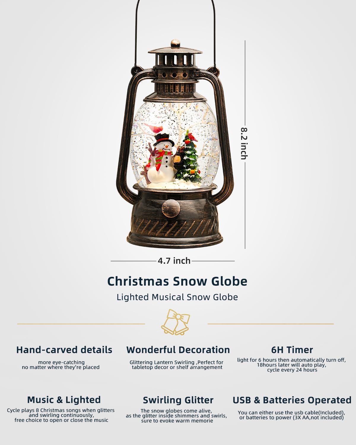 Snow Globe Christmas Decorations - Musical Christmas Snow Globes with 6H Timer,Snowman Cardinal Christmas Tree Scene Snow Globes Lantern USB or Battery Powered,Christmas Decorations Decor for Home