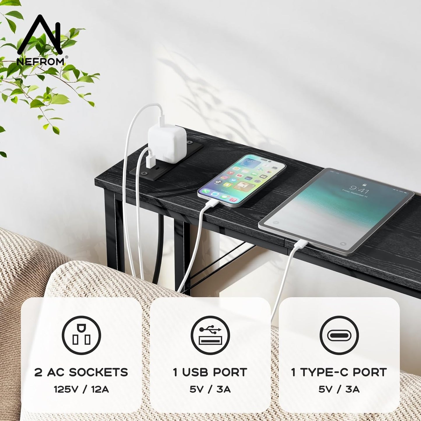 47.2'' Console Table, Skinny Entryway Table with Fast-Charging Station, Narrow Long Sofa Table, Behind Slim Couch Table for Entrance, Hallway, Living Room Decor ST-BK120-1