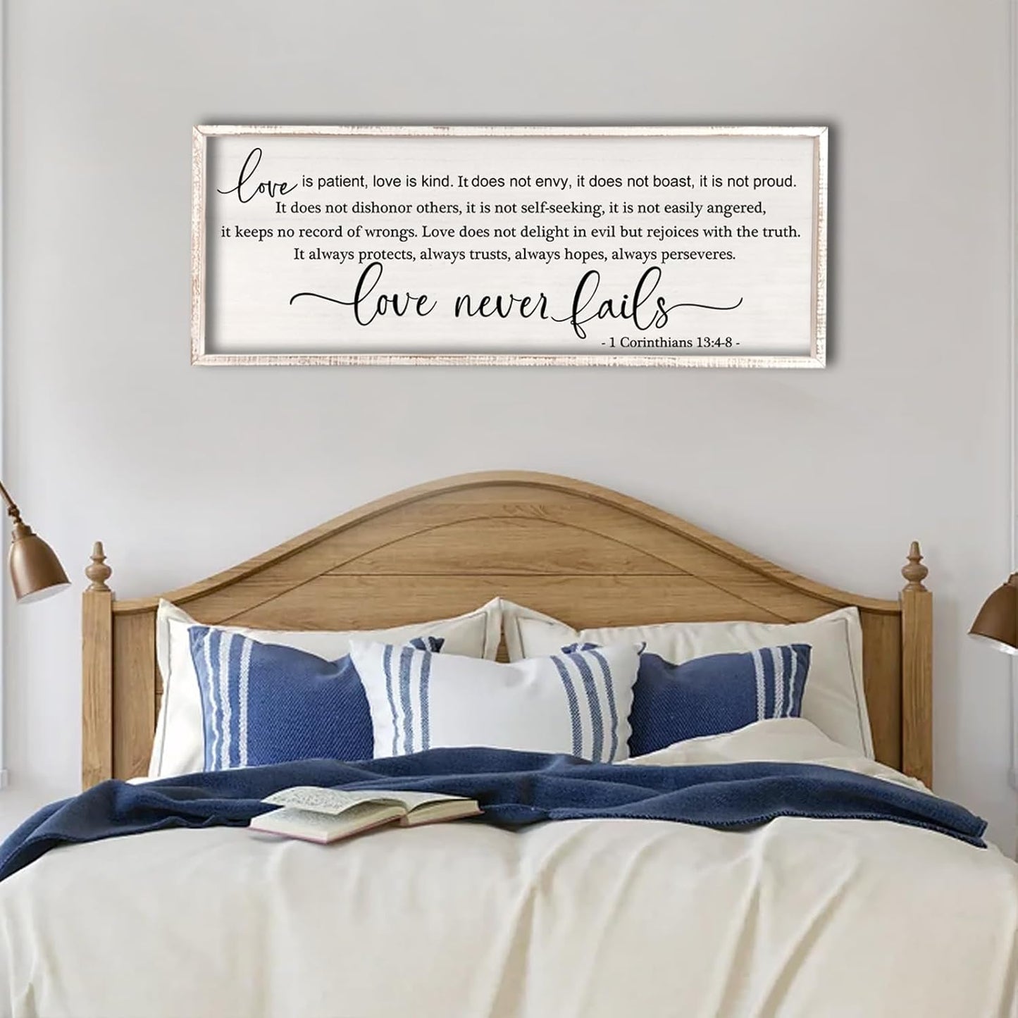flowtorely Love is Patient, Kind Wall Art Decor 40"X15" Love Never Fails Sign 1 Corinthians 13 Bedroom Above Bed Large Bible Verse Quote Scripture Christianity Hanging Sign (White)