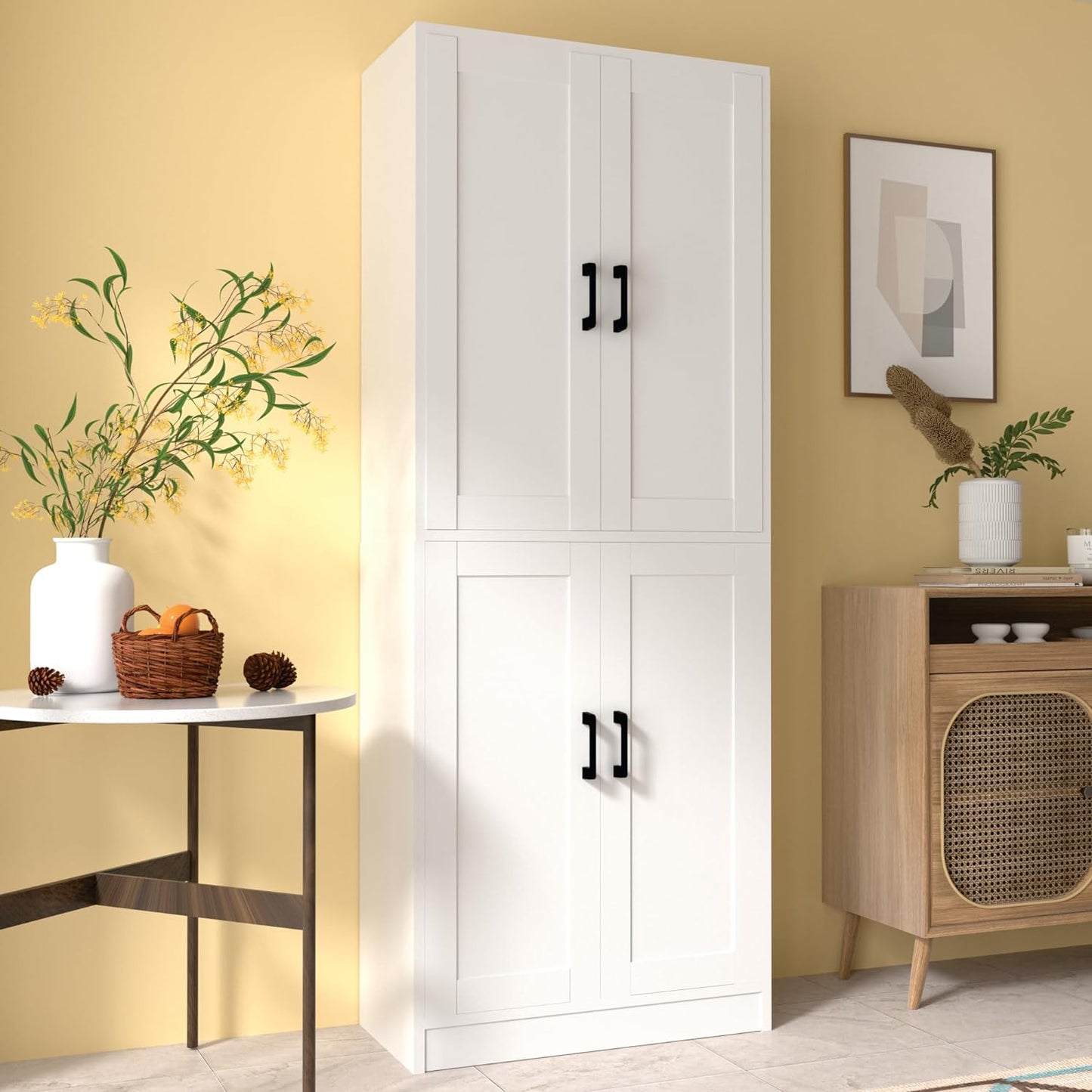 White Kitchen Pantry, 71" Tall Cabinet with Doors, Hutch with Storage for Dining Room