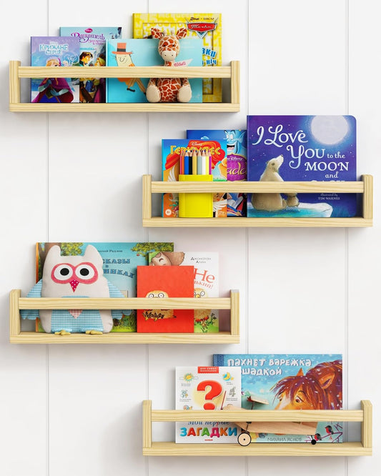 Forbena Natural Wood Nursery Book Shelves Wall Mounted, Floating Bookshelf for Kids Room, Toys and Books Storage Organizer Bookshelves for Toddler Child Bedroom Bathroom (4 Pack Natural Wood)