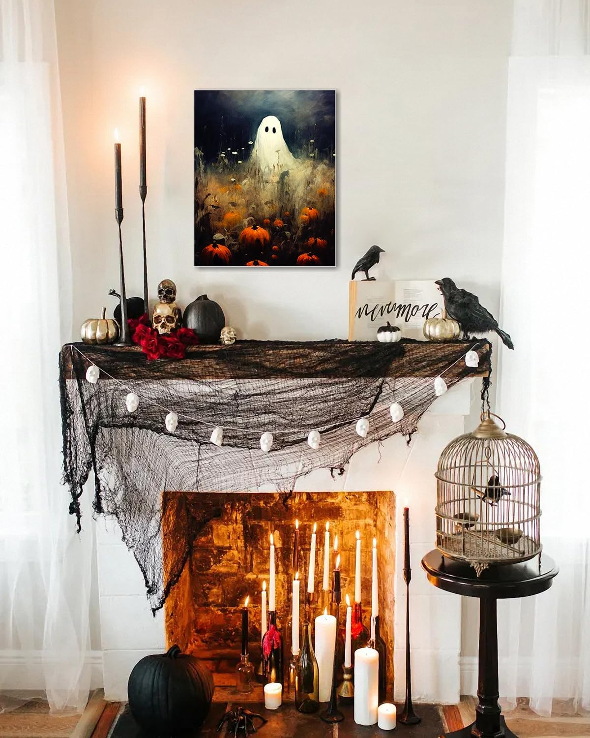 Halloween Canvas Wall Art, Spooky Ghost in Pumpkin Patch Poster, Vintage Gothic Fall Decor, Dark Academia Fall Decor for Living Room, Framed Indoor Halloween Decorations