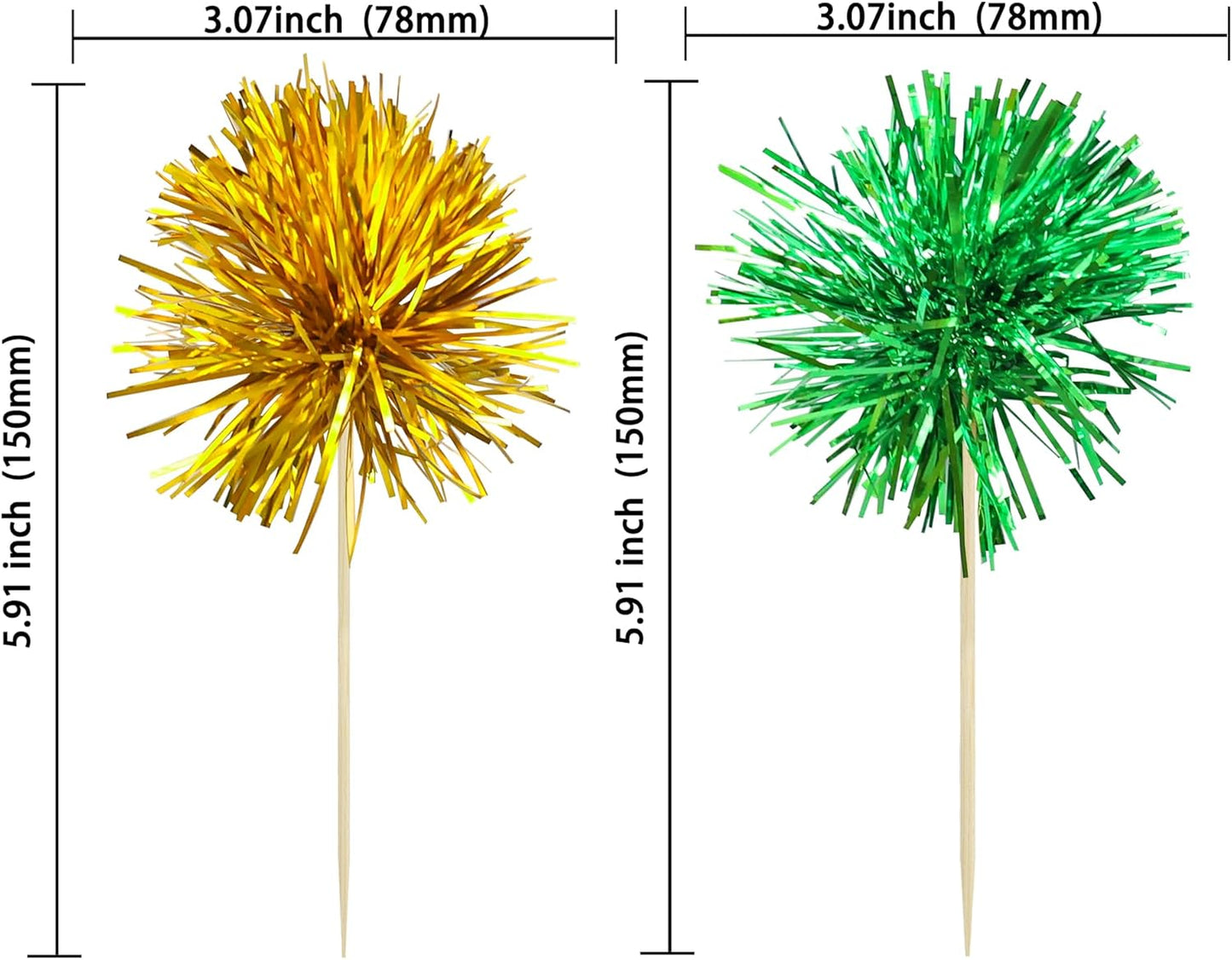 Ephlyn 30Pcs Foil Firework Cupcake Toppers Sparkle Tinsel Cupcake Picks Birthday Cake Decorations Drink Stirrers Cocktail Food Fruit Toothpicks for Baby Shower Graduation Party Supplies Green Gold