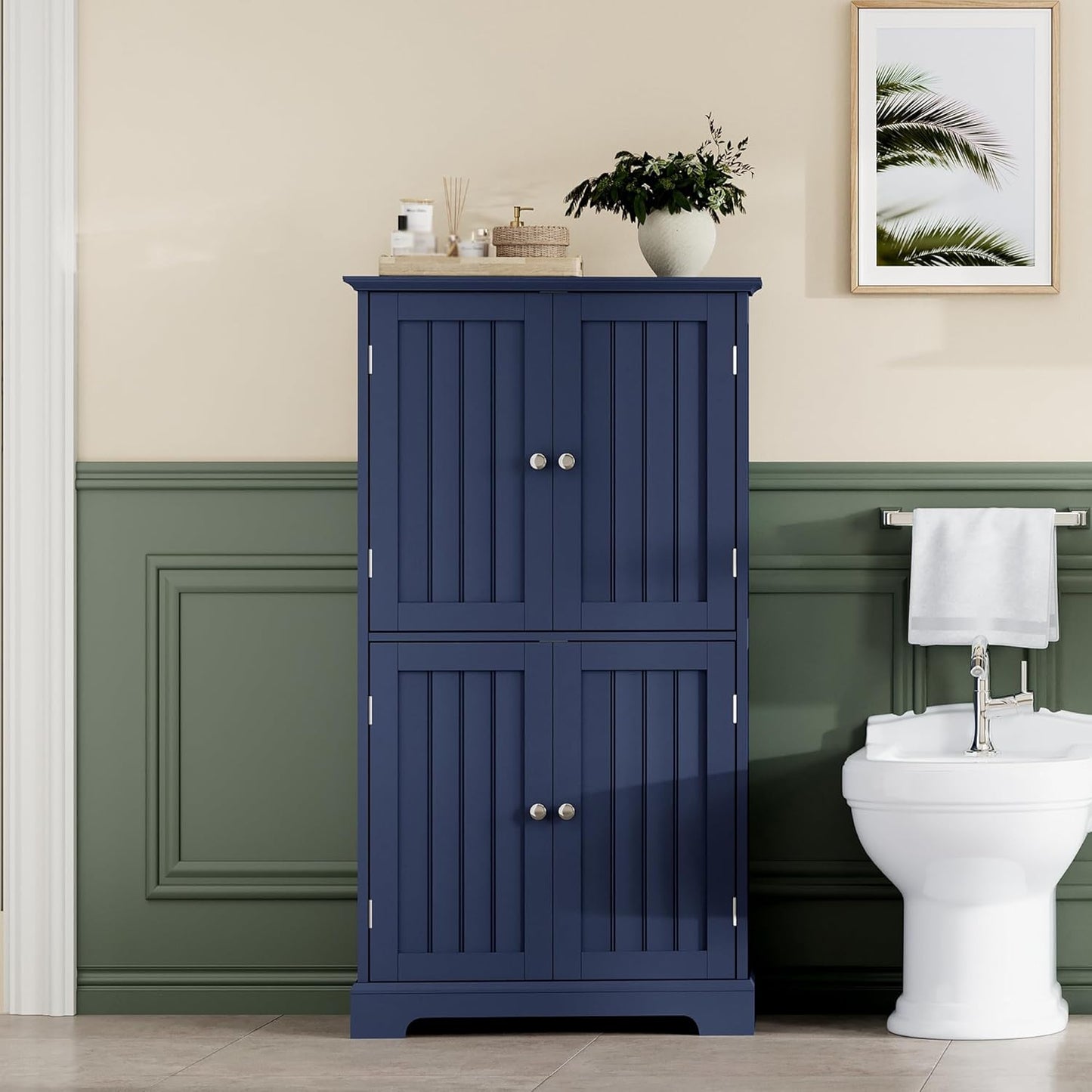 ChooChoo Bathroom Floor Cabinet, Modern Bathroom Storage Cabinet with 4 Doors and Adjustable Shelves, Freestanding Cupboard for Living Room, Navy Blue